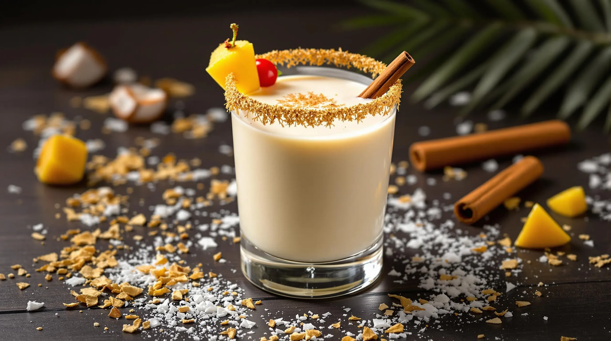 Styled RumChata coconut cream cocktail on dark wood with tropical garnishes and cinnamon stick in moody lighting