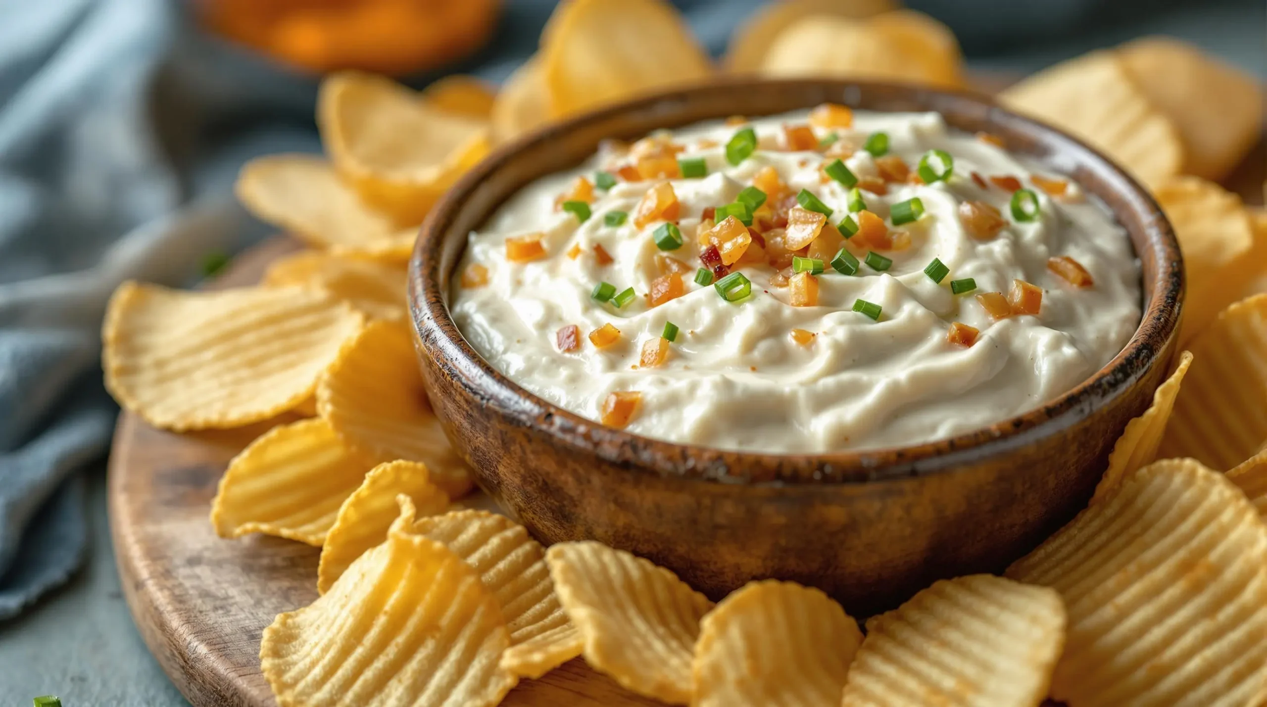 Creamy homemade sour cream and onion dip topped with caramelized onions and fresh chives, served with crispy potato chips on rustic wooden board