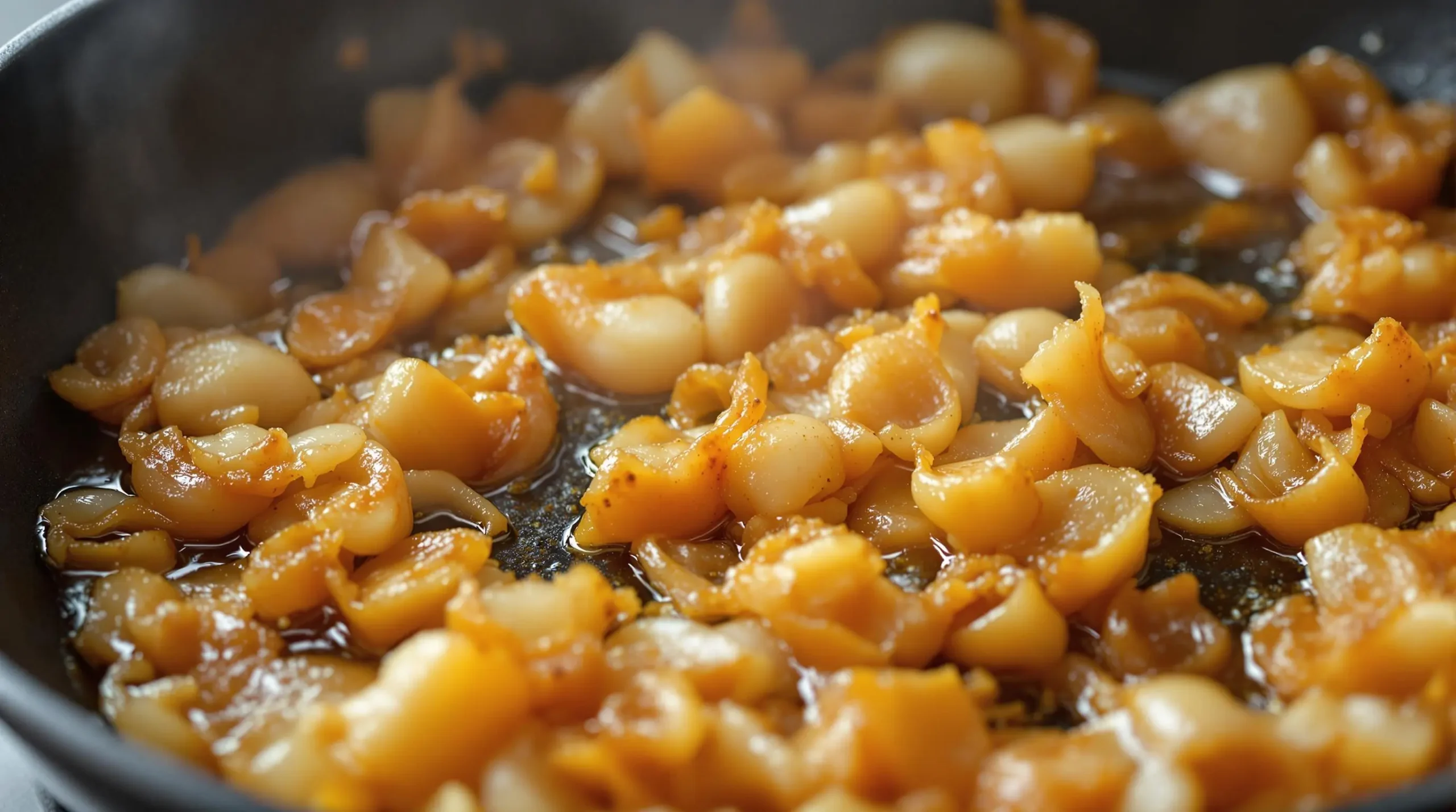 Golden-brown onions caramelizing in cast iron skillet with steam rising, showing various stages of caramelization in progress