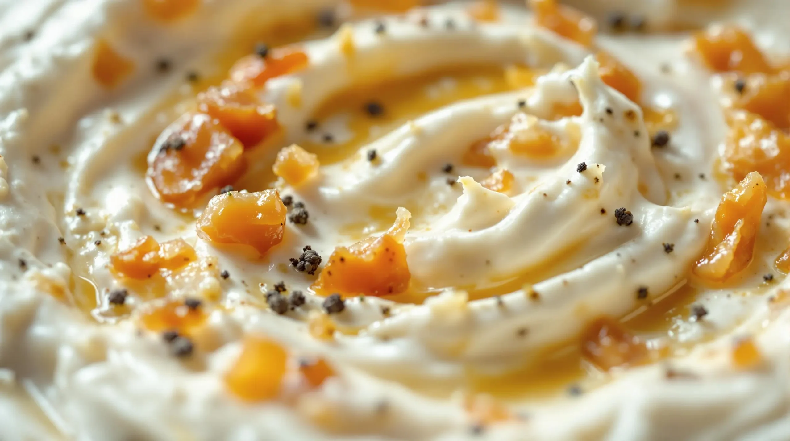 Close-up of creamy sour cream dip texture showing suspended caramelized onions, black pepper, and herbs throughout velvety surface