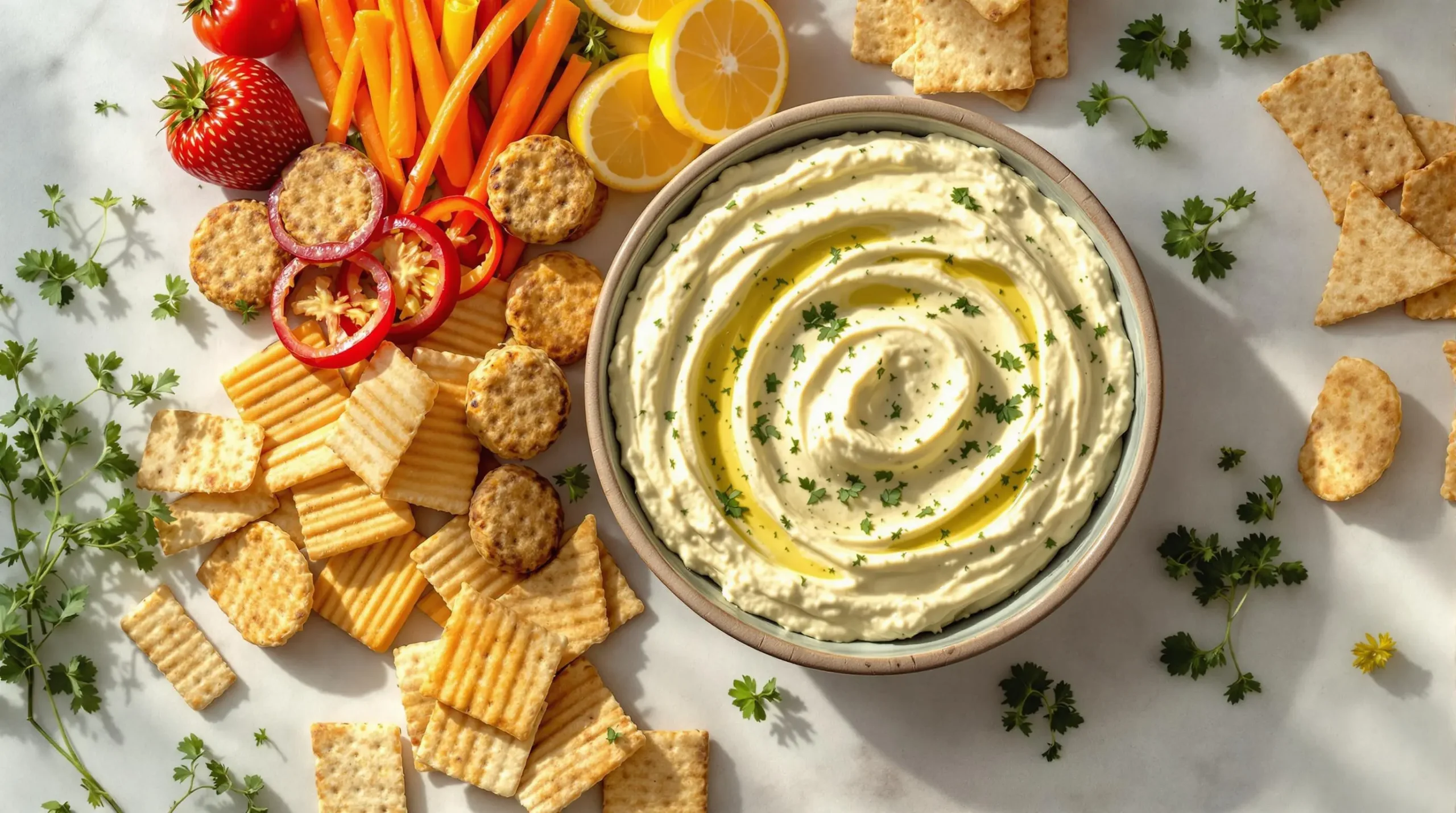 Overhead view of sour cream and onion dip in ceramic bowl surrounded by chips, fresh vegetables, and crackers on marble surface with herb garnish