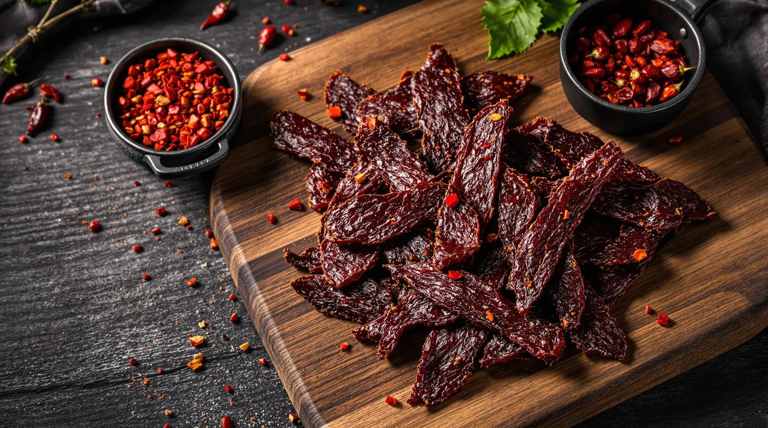 Artistically arranged spicy beef jerky strips on rustic wooden board with red pepper flakes and dried chilies, showcasing glossy texture