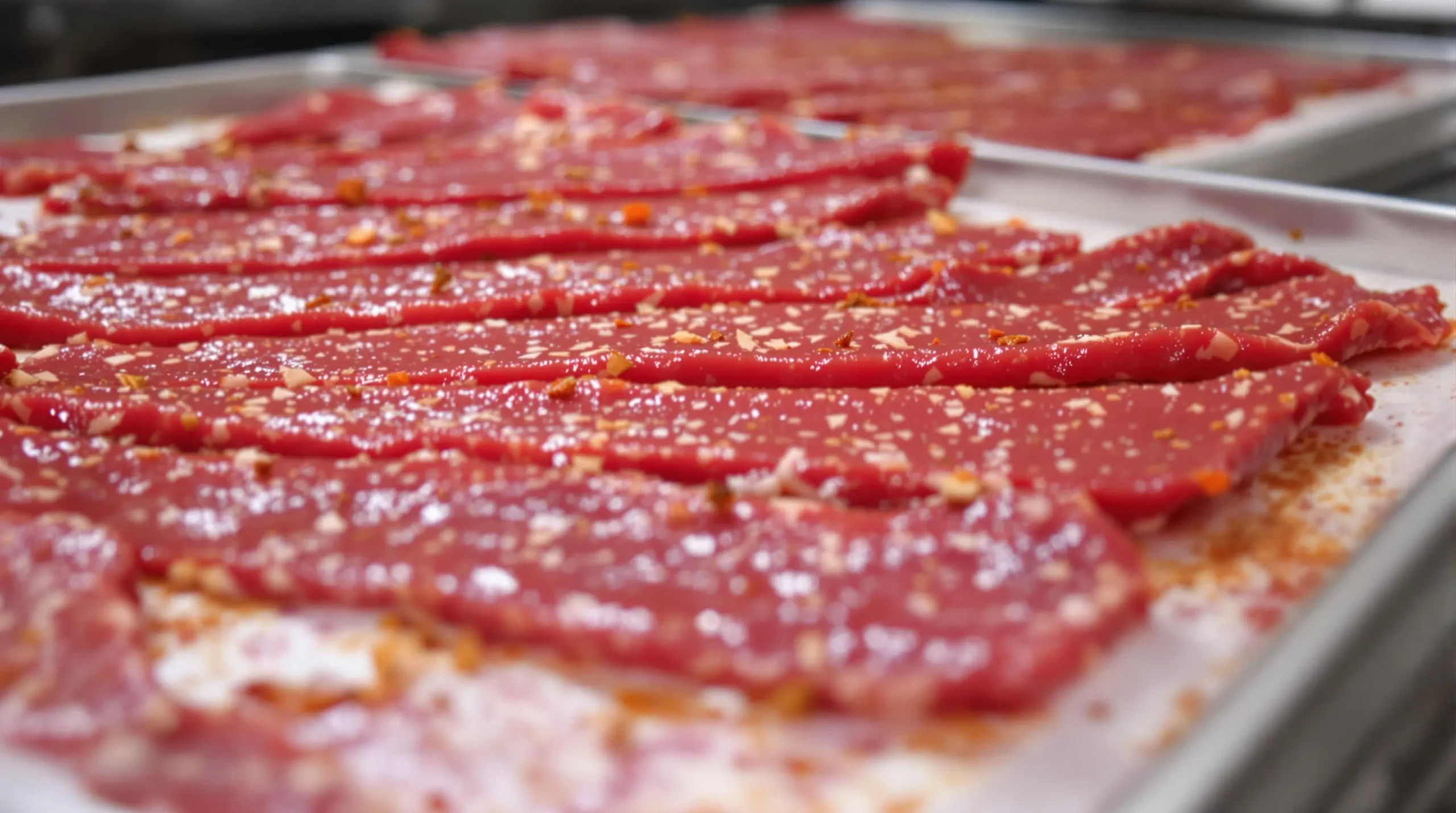 Raw marinated beef strips being placed on dehydrator trays, showing red marinade coating and visible spices with even thickness