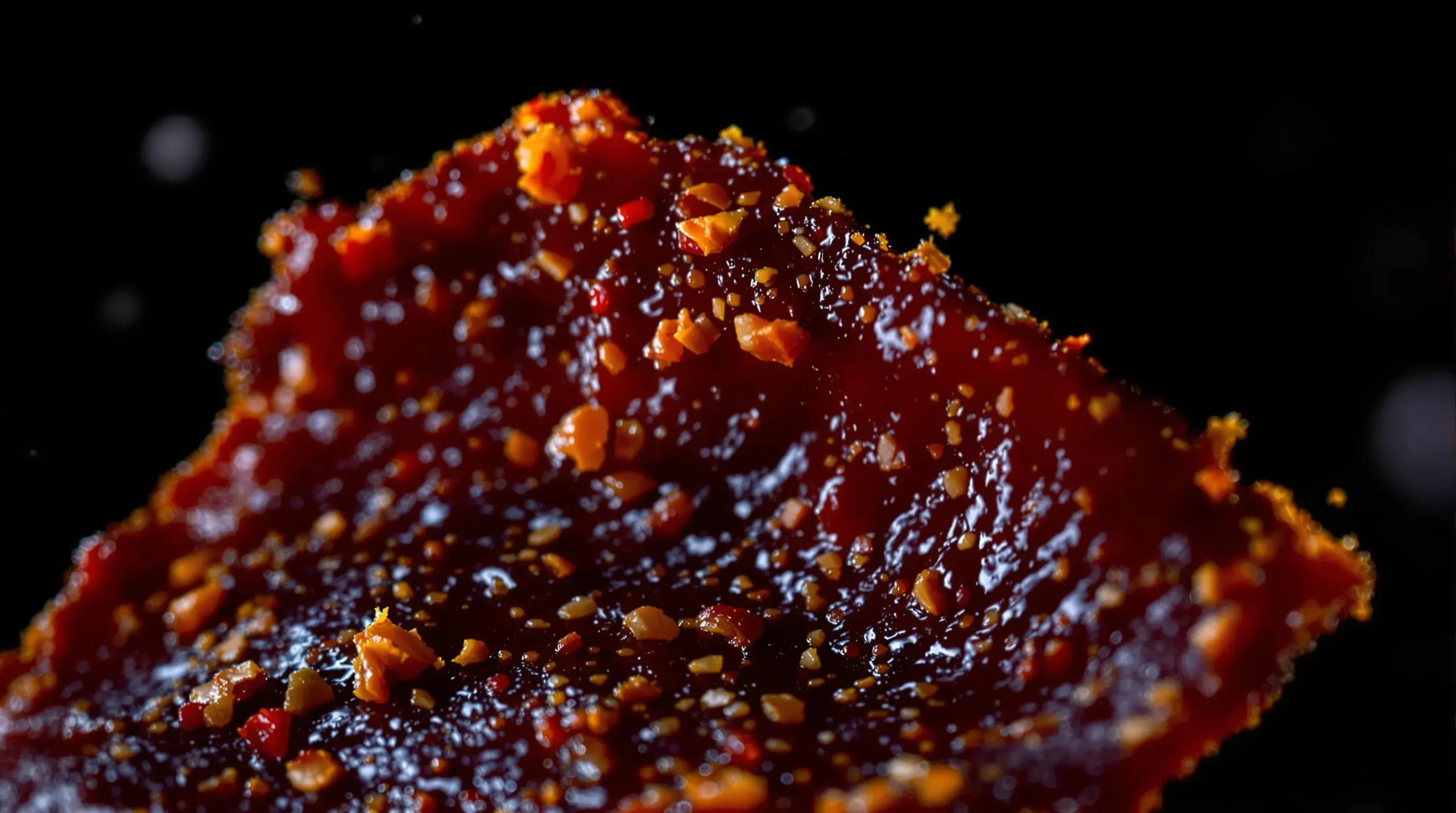 Extreme close-up of spicy beef jerky showing internal fiber structure, glistening surface, and embedded red pepper flakes texture