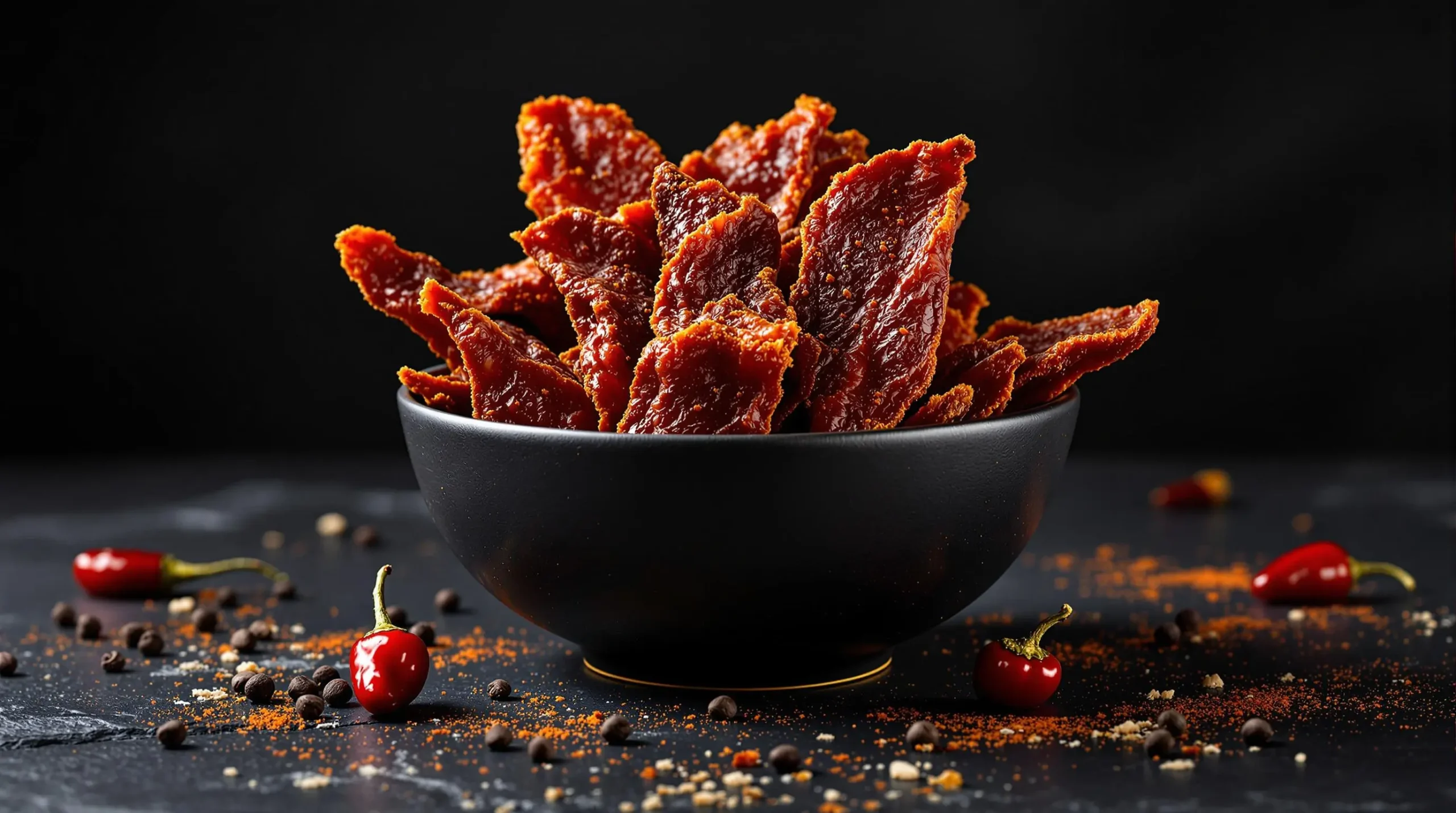 Finished spicy beef jerky artfully stacked in matte black bowl with dried chilies and peppercorns on dark slate surface