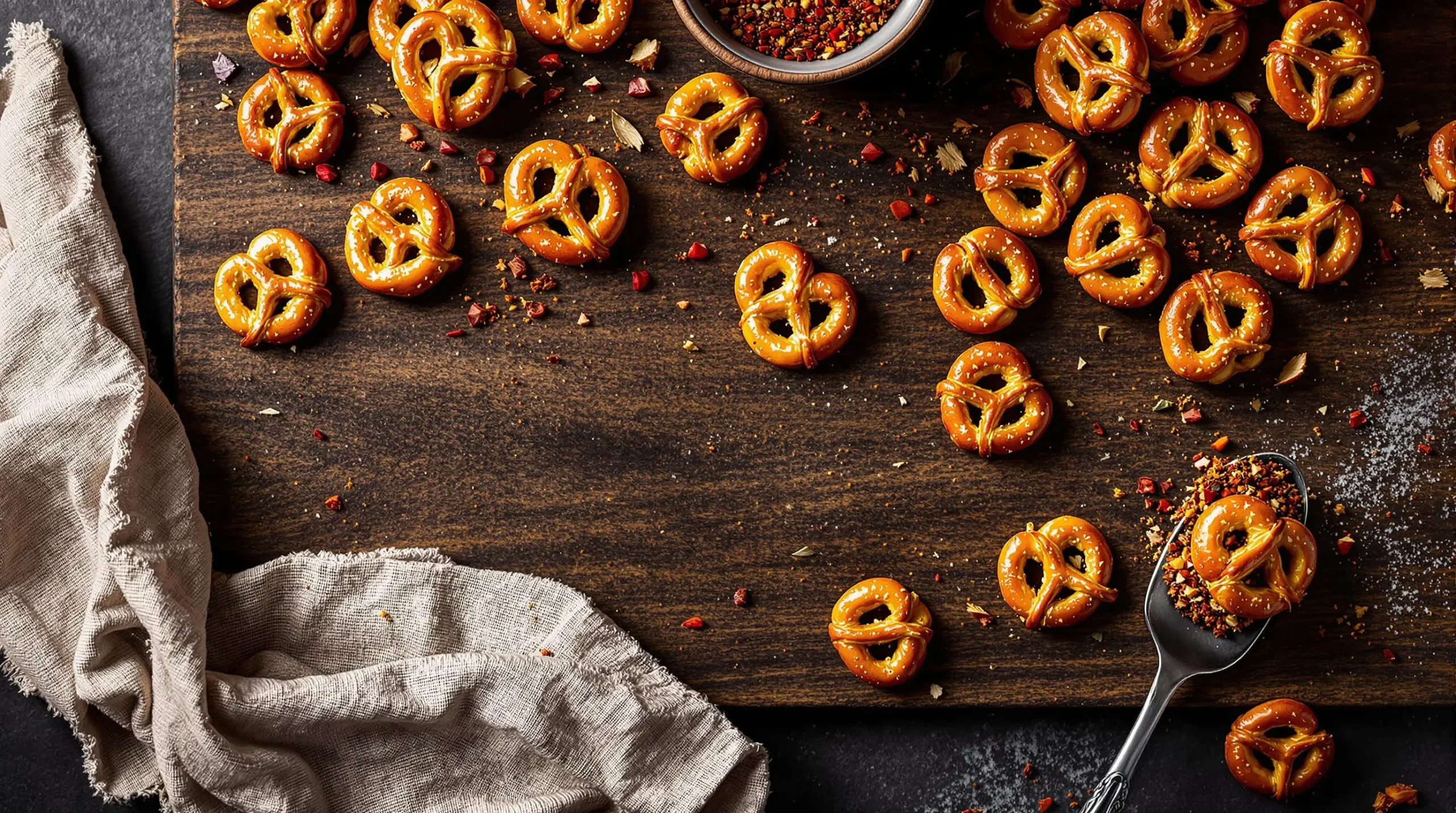 Golden-brown spicy mini pretzels scattered on rustic wooden board with red pepper flakes, herbs and seasoning ramekin