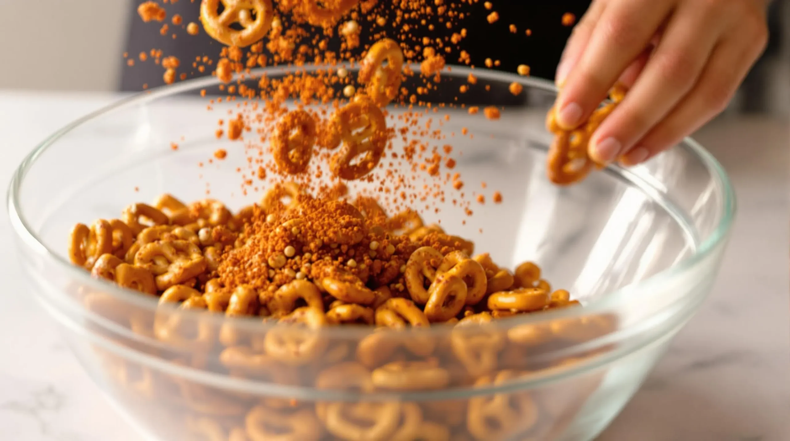 Mini pretzels being tossed with vibrant red and brown spice mixture in glass bowl, showing seasonings coating pretzels mid-toss