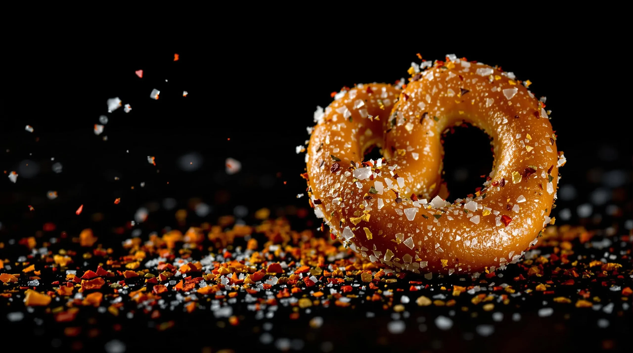 Extreme close-up of spicy pretzel showing crystalline salt and seasoning texture with red pepper flakes clinging to golden surface