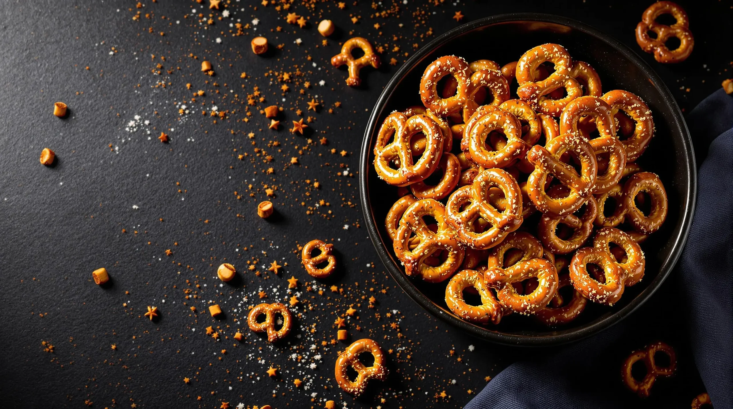 Seasoned spicy pretzels in matte black ceramic bowl on dark slate with scattered pretzels and spices creating natural styling