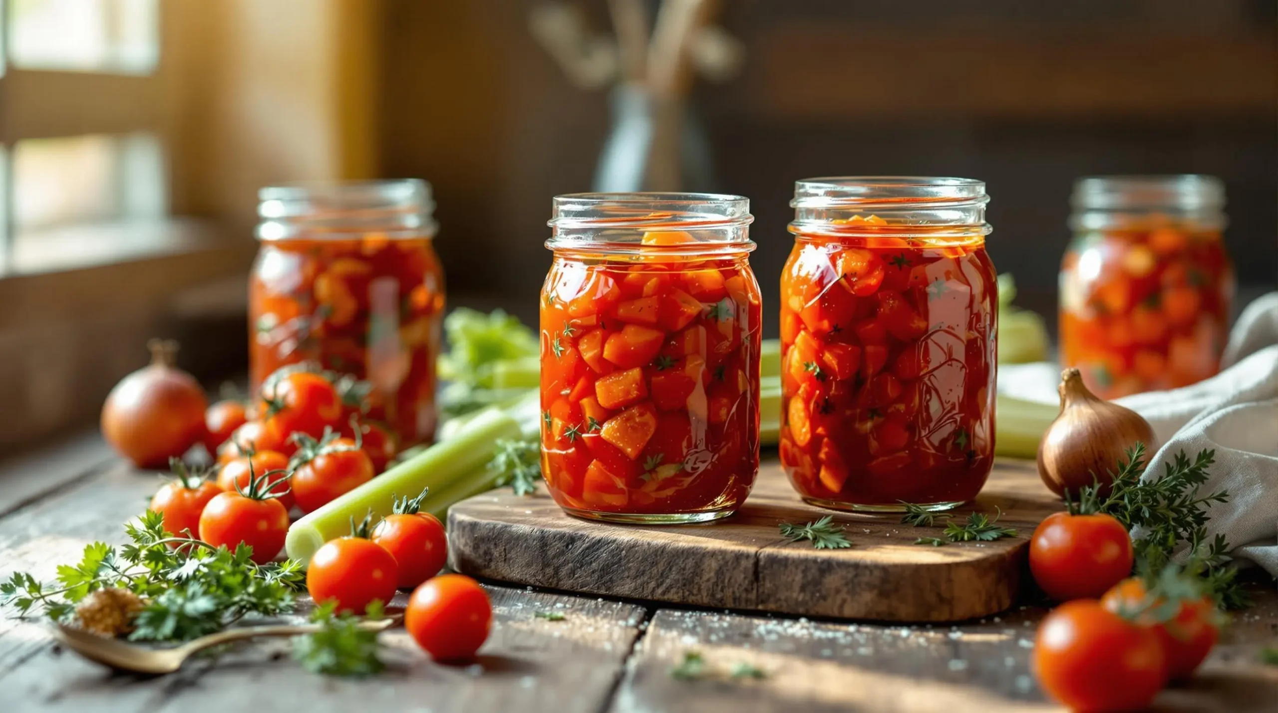 Mason jars of homemade stewed tomatoes on rustic wood table with fresh ingredients, showcasing preserved summer harvest in natural light