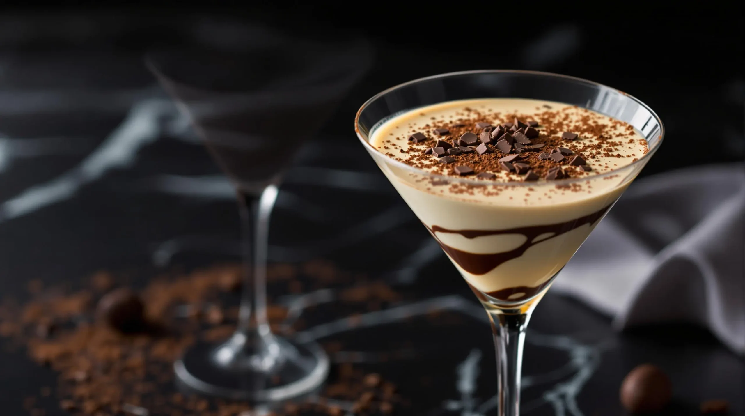 Layered tiramisu martini with cocoa dusting and chocolate shavings in elegant V-shaped glass on dark marble surface with dramatic lighting