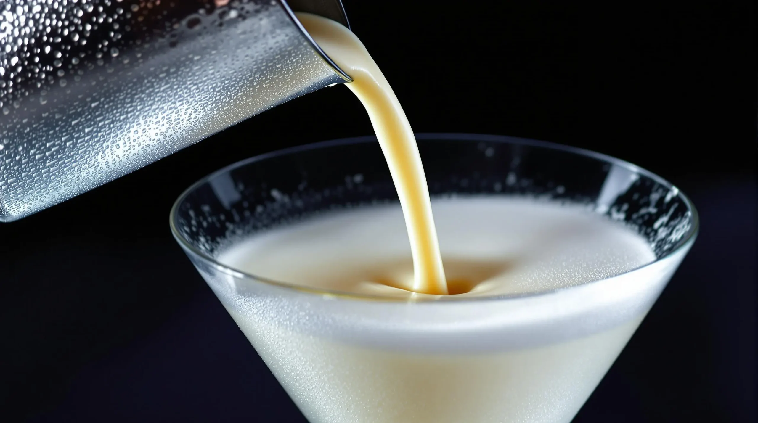 Creamy tiramisu martini mixture being strained from frosted shaker into chilled glass, creating luxurious frothy cascade effect