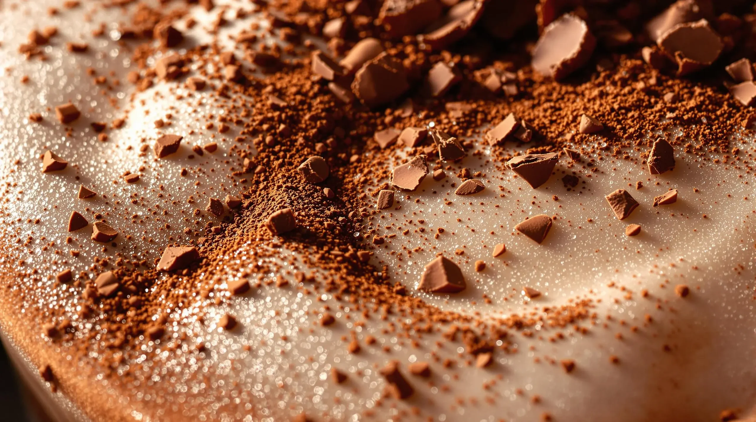 Macro view of tiramisu martini surface showing intricate cocoa powder patterns and delicate chocolate shavings with dramatic side lighting