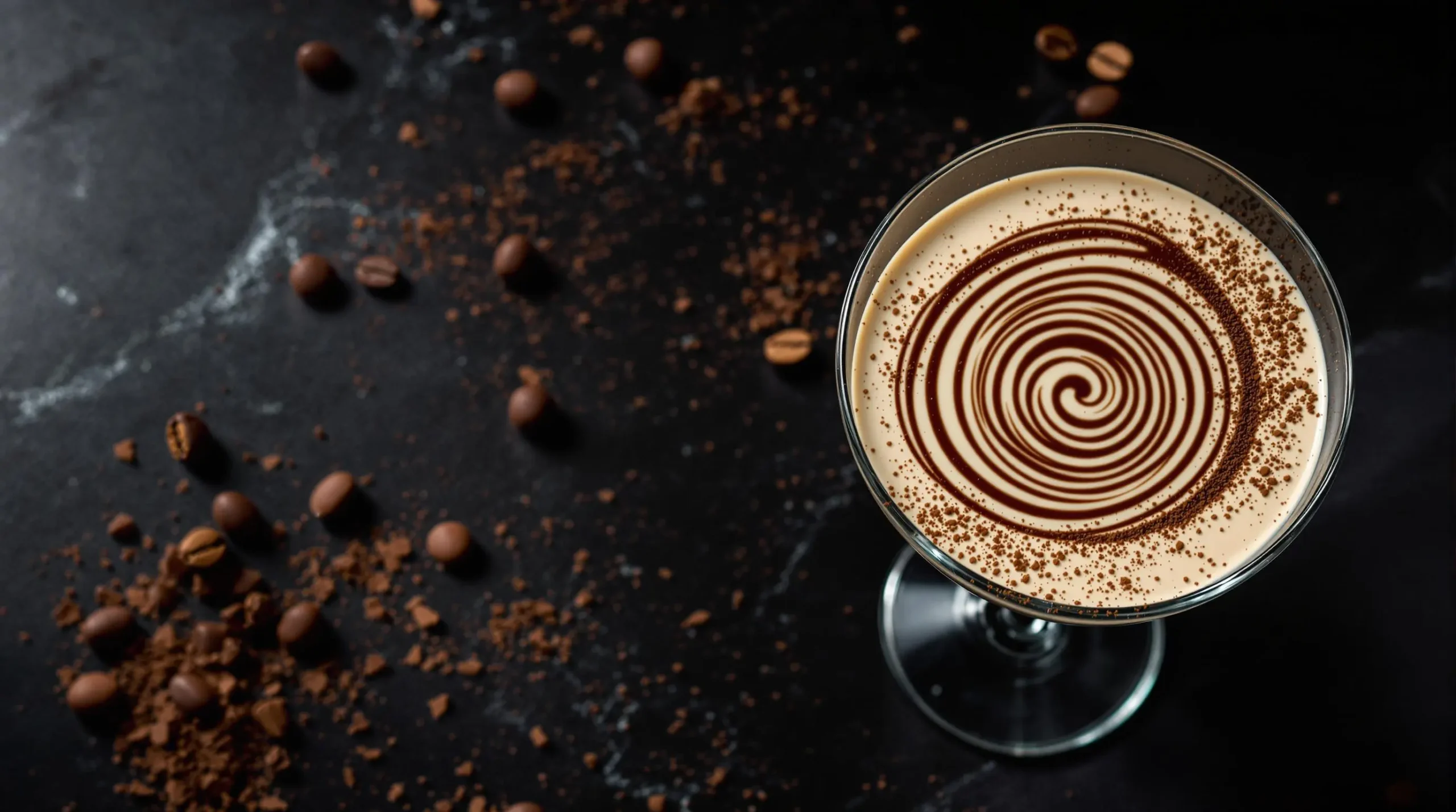 Overhead view of garnished tiramisu martini with spiral chocolate sauce pattern, cocoa dusting, and scattered coffee beans on dark surface