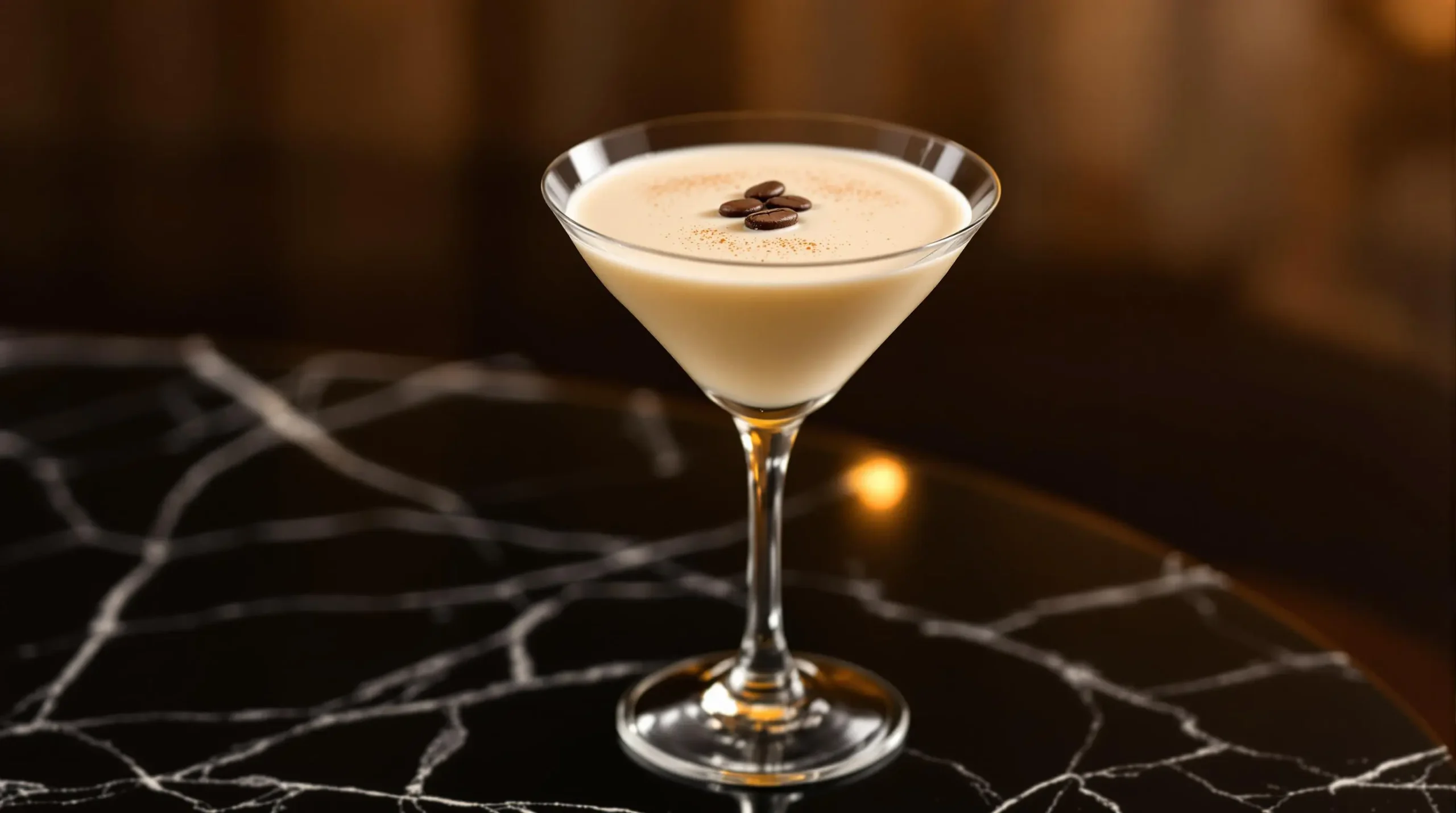 Elegant vanilla vodka martini with three coffee beans floating on creamy froth, served in crystal glass on black marble surface