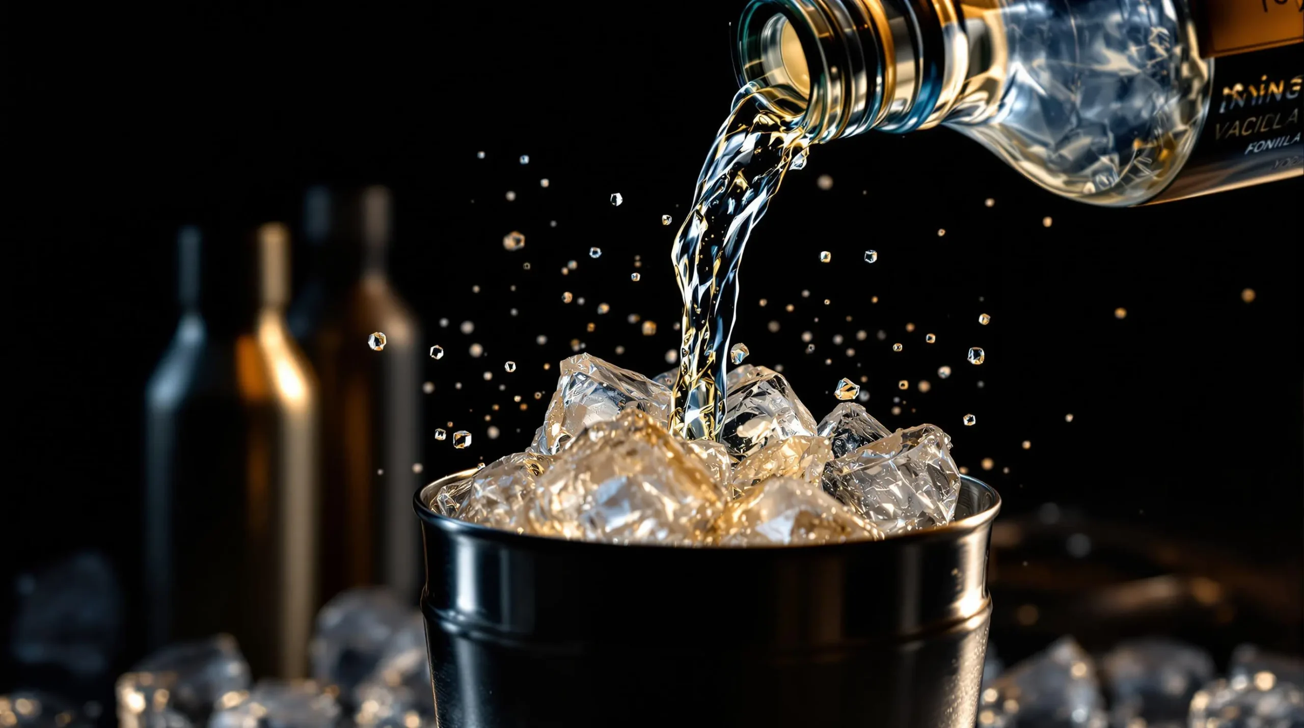 Vanilla vodka streaming into silver cocktail shaker filled with ice cubes, creating dramatic ribbon-like pour effect with moody lighting