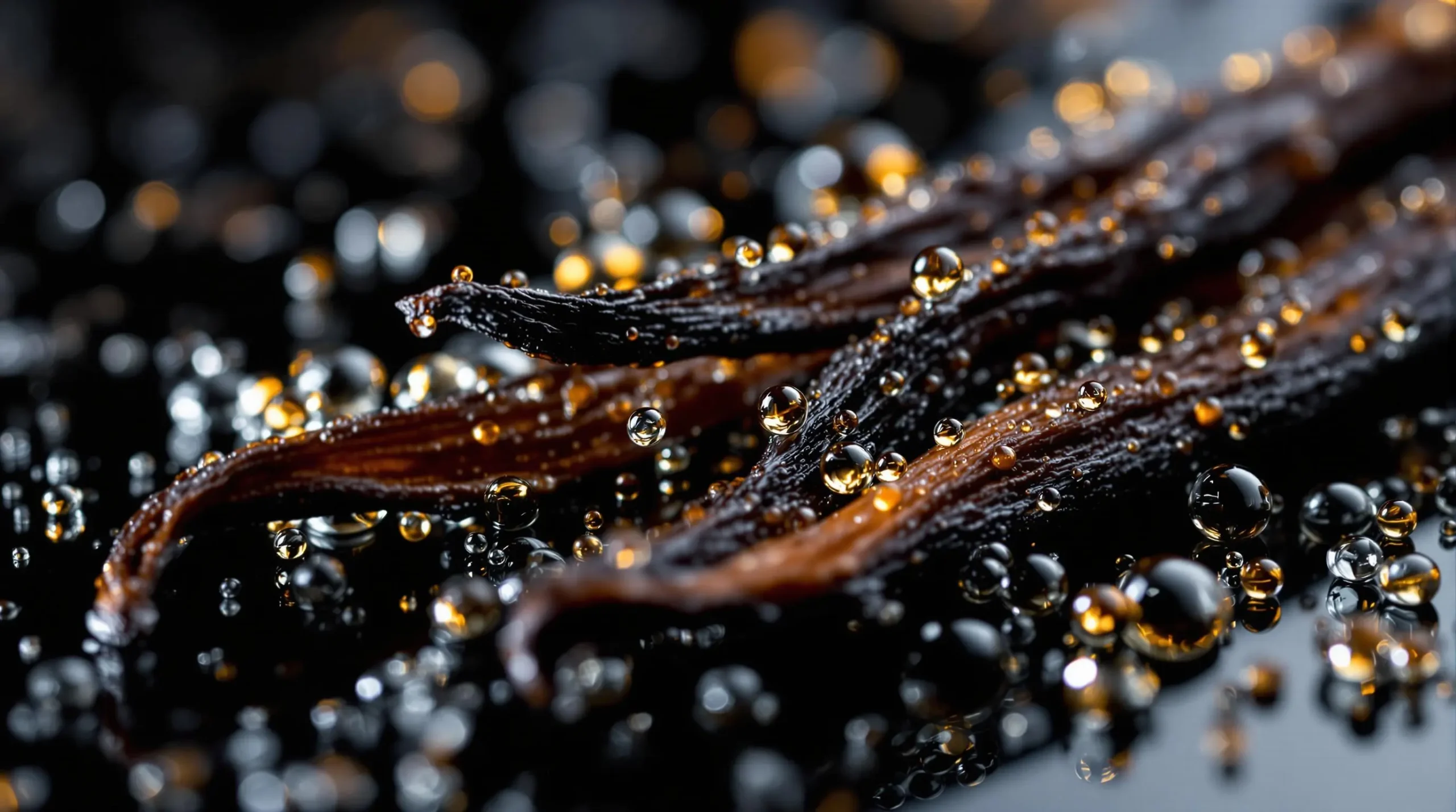 Macro shot of vanilla bean pods and glistening vodka droplets on black reflective surface showing intricate bean texture and seeds