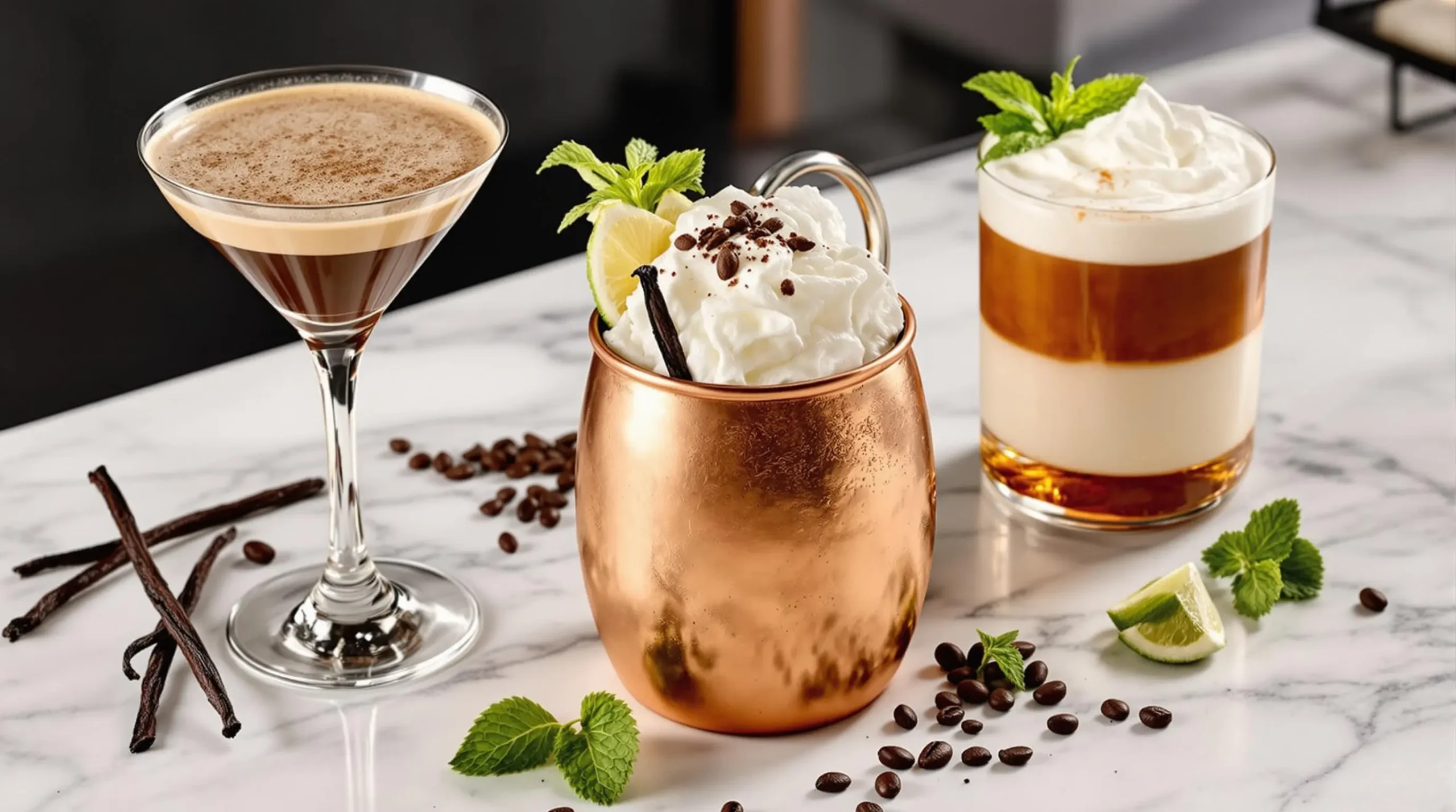 Three artfully arranged vanilla vodka cocktails on marble bar: espresso martini, copper mug mule, and layered white Russian with garnishes