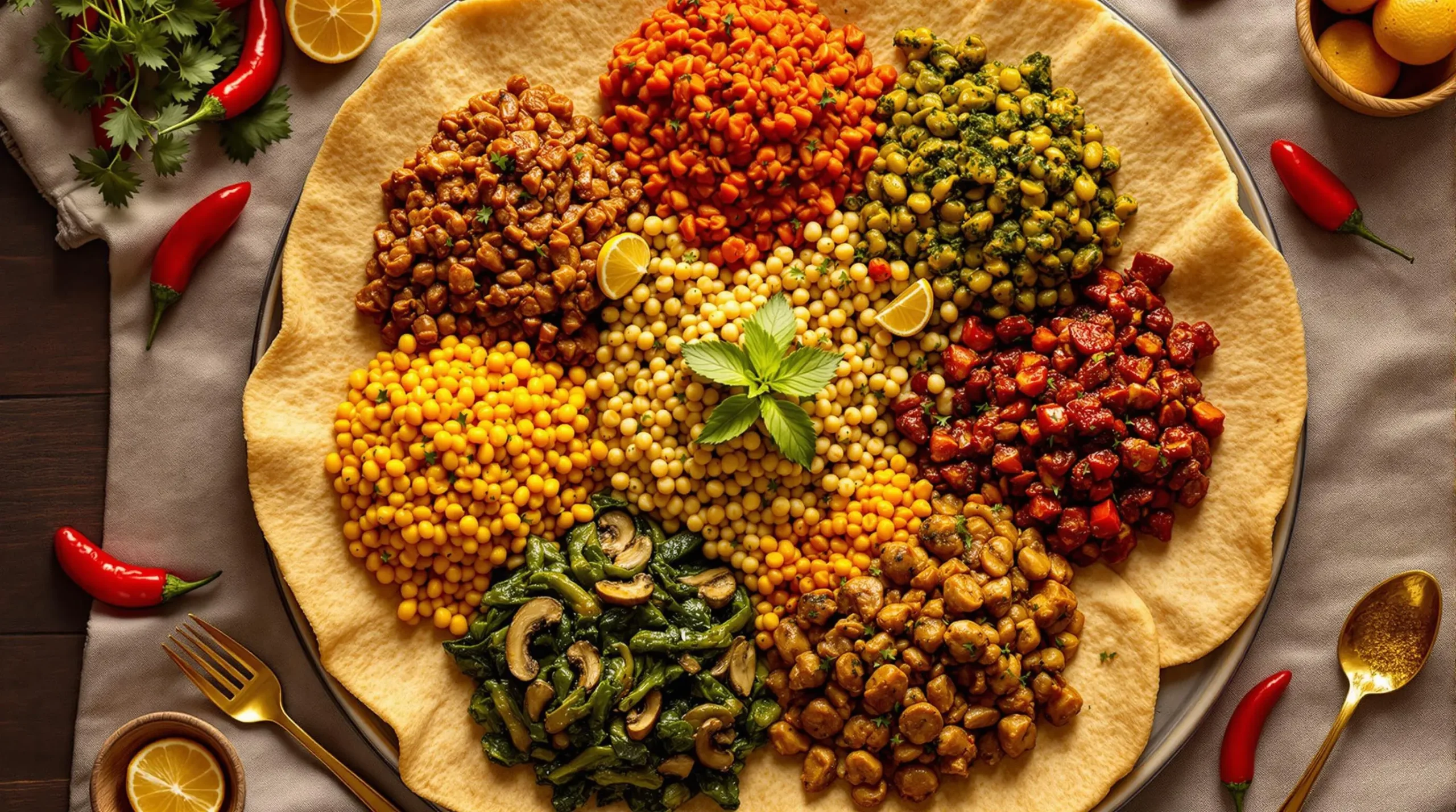 Traditional Ethiopian vegan feast arranged on injera bread with colorful lentil stews, split peas, collard greens, and mushroom tibs in circular presentation