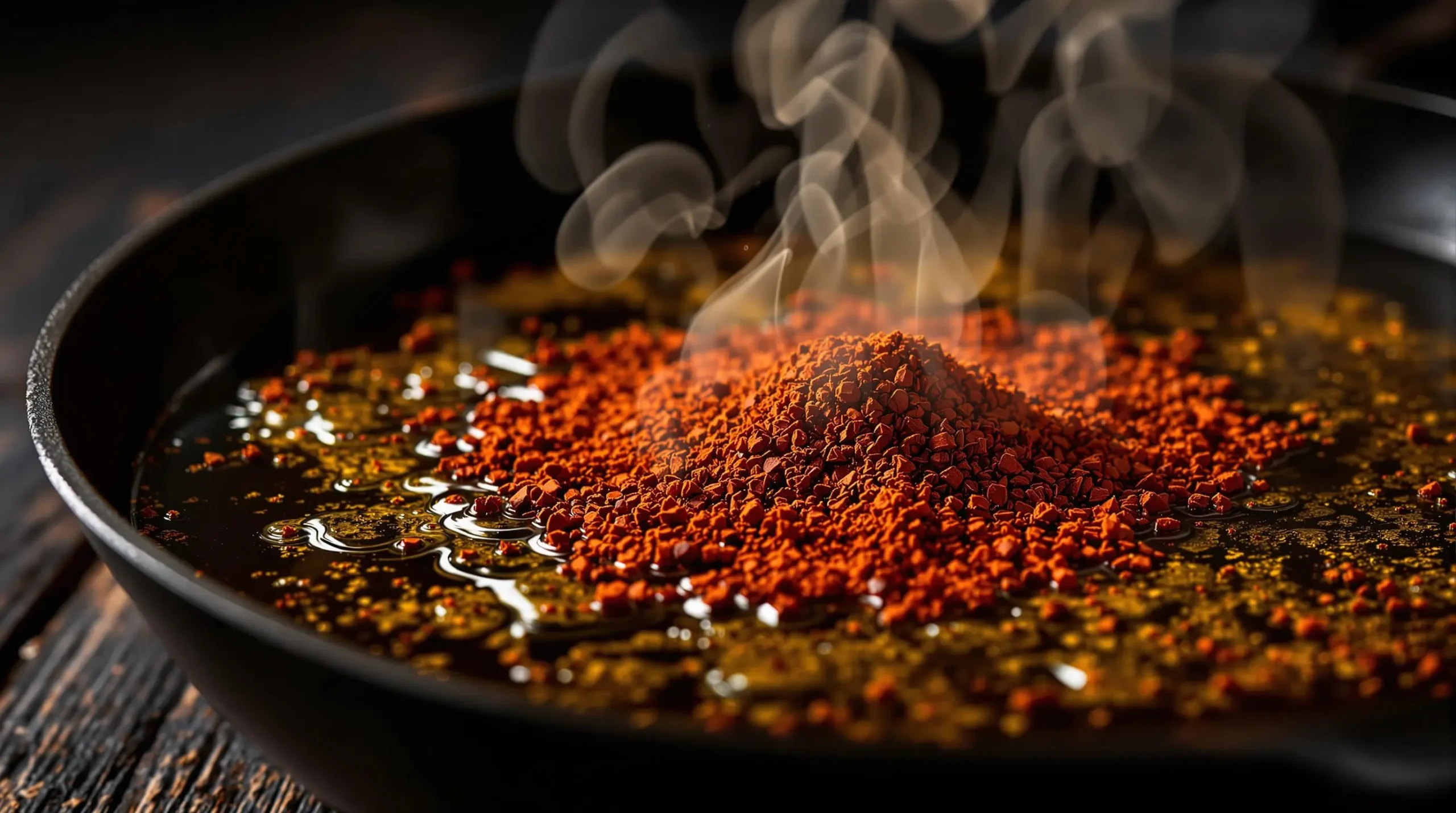 Berbere spice sizzling and blooming in hot oil, creating aromatic steam in cast iron pan with dramatic lighting highlighting spice texture