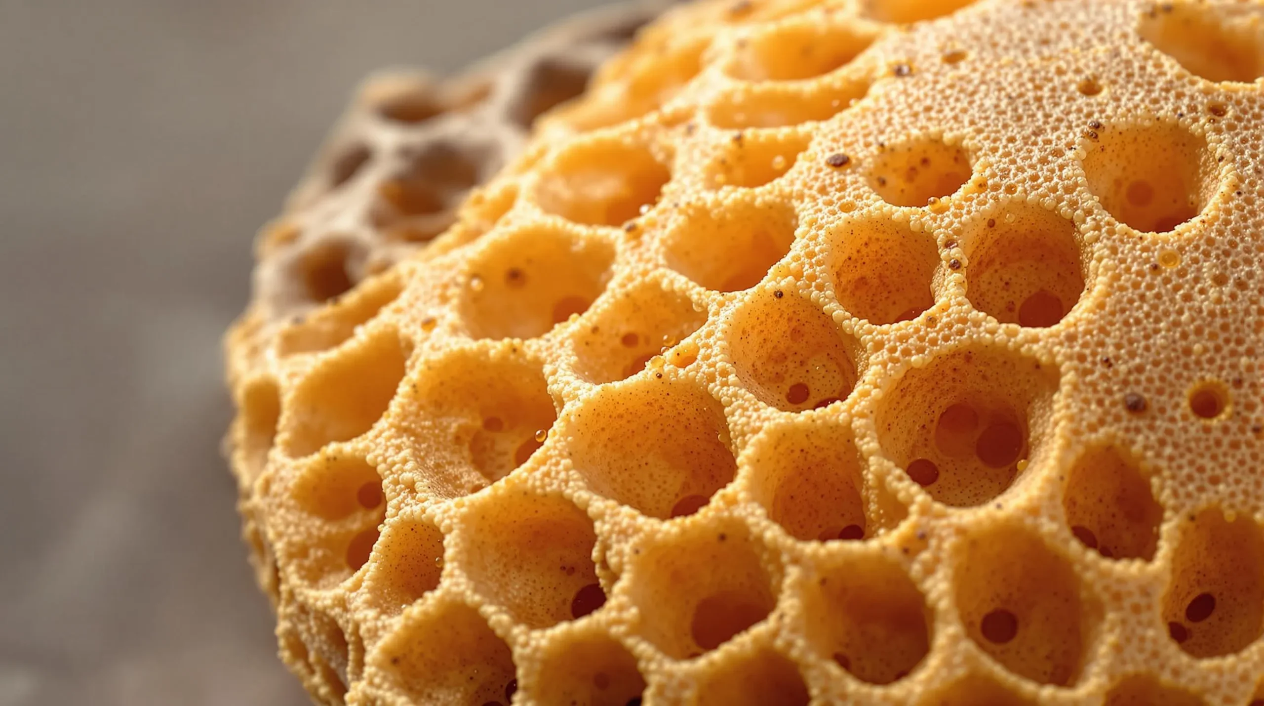 Macro view of injera bread's distinctive honeycomb texture and fermentation bubbles with side lighting emphasizing spongy surface details