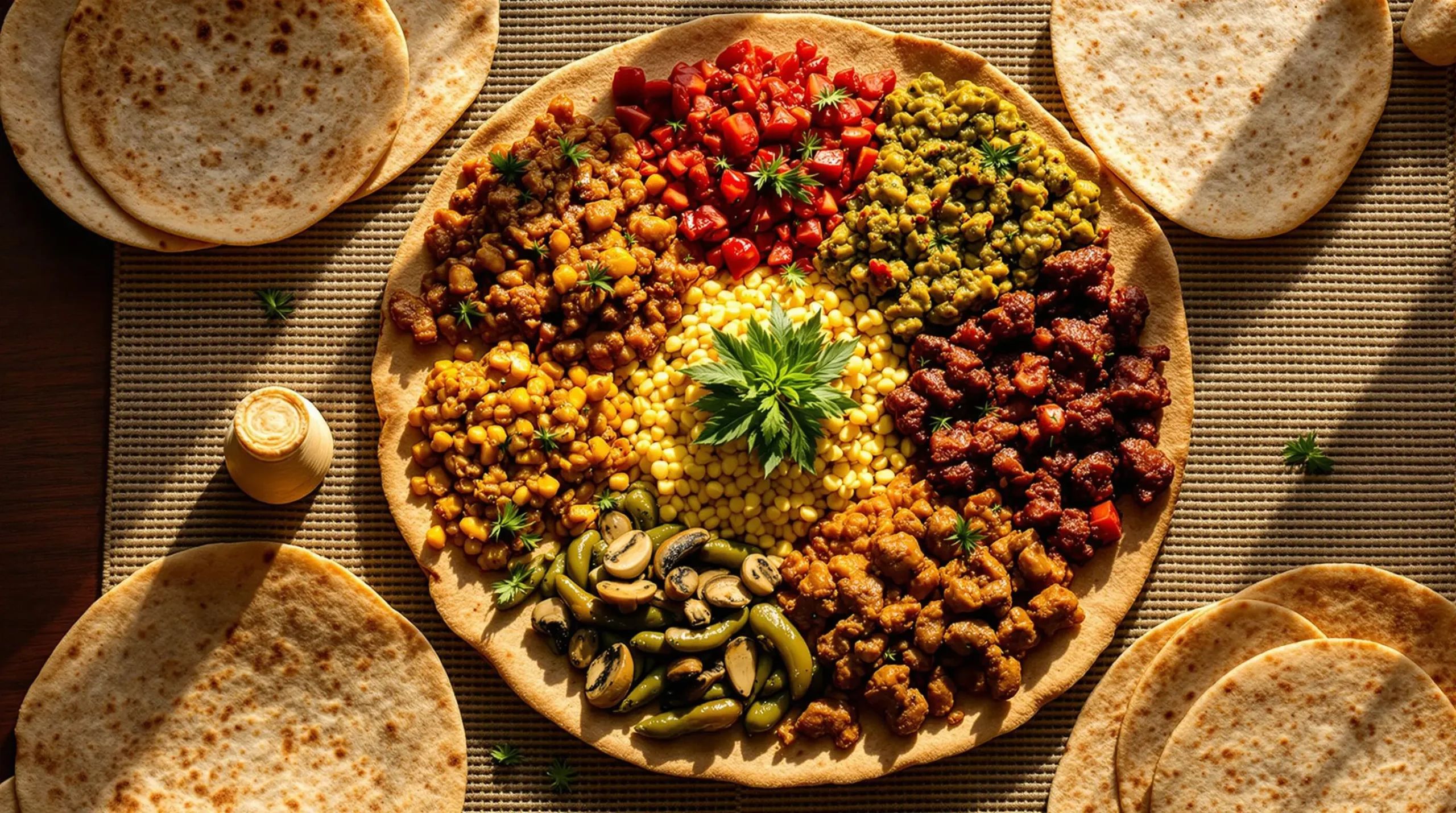 Overhead view of Ethiopian vegan feast on mesob featuring vibrant red misir wot, yellow shiro, green gomen arranged in color wheel pattern with injera base