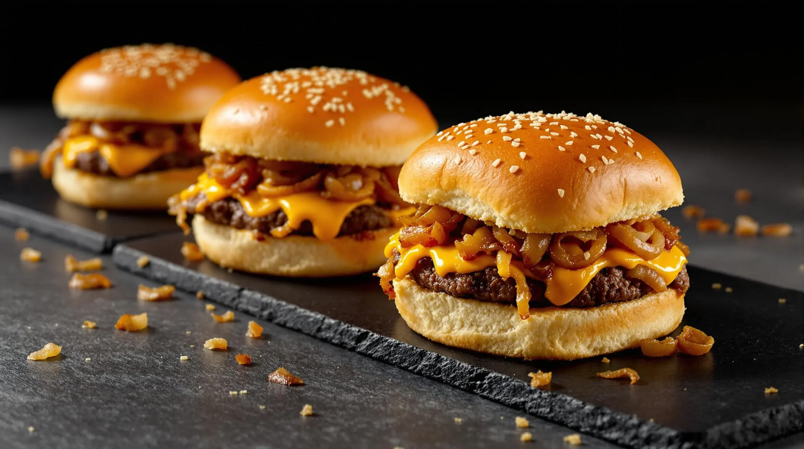 Four homemade White Castle-style sliders arranged diagonally showcasing layered beef, cheese, and onions on slate surface