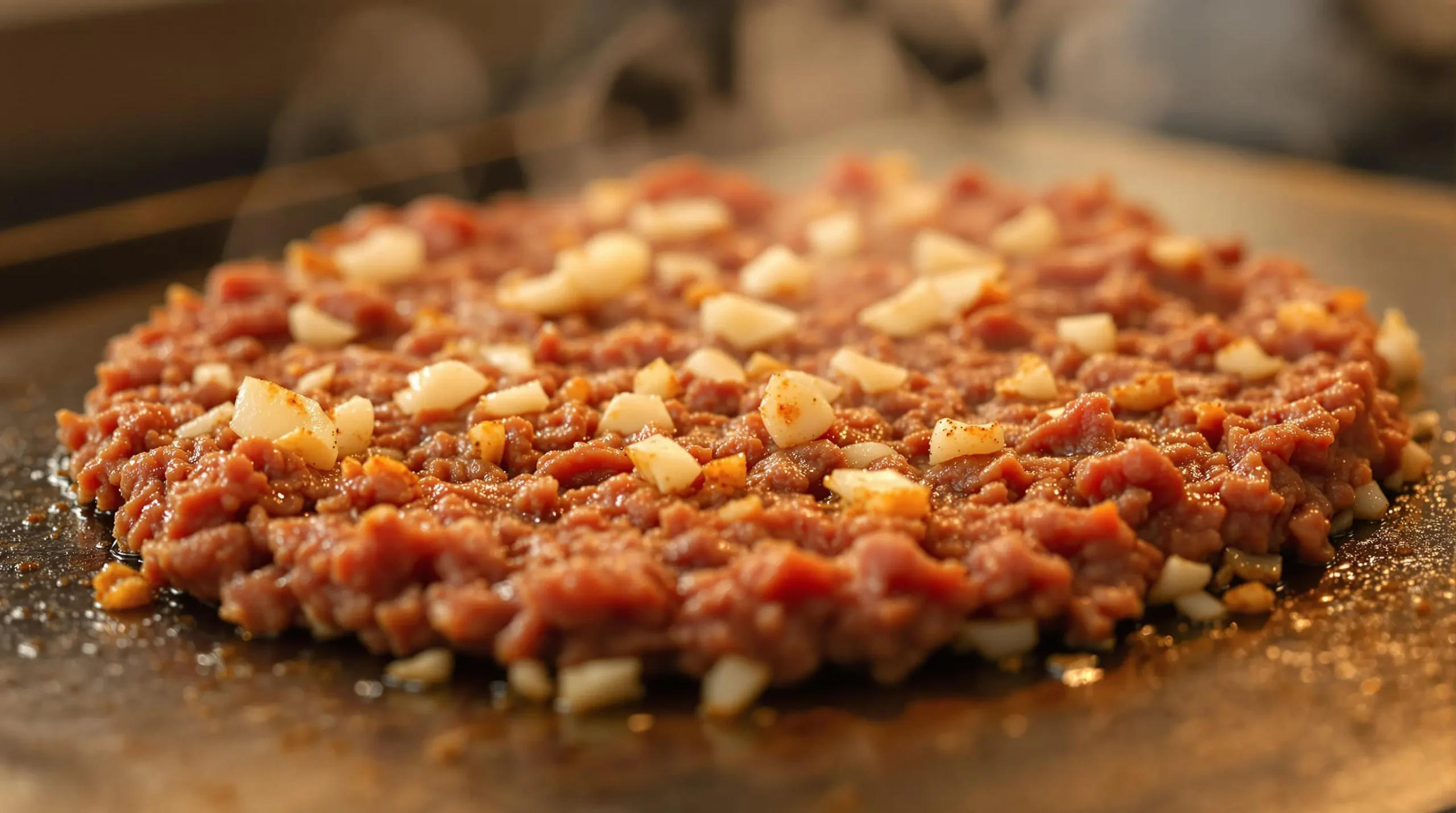 Seasoned ground beef and minced onions steam-cooking on griddle surface, showing signature holes and rising steam during slider preparation