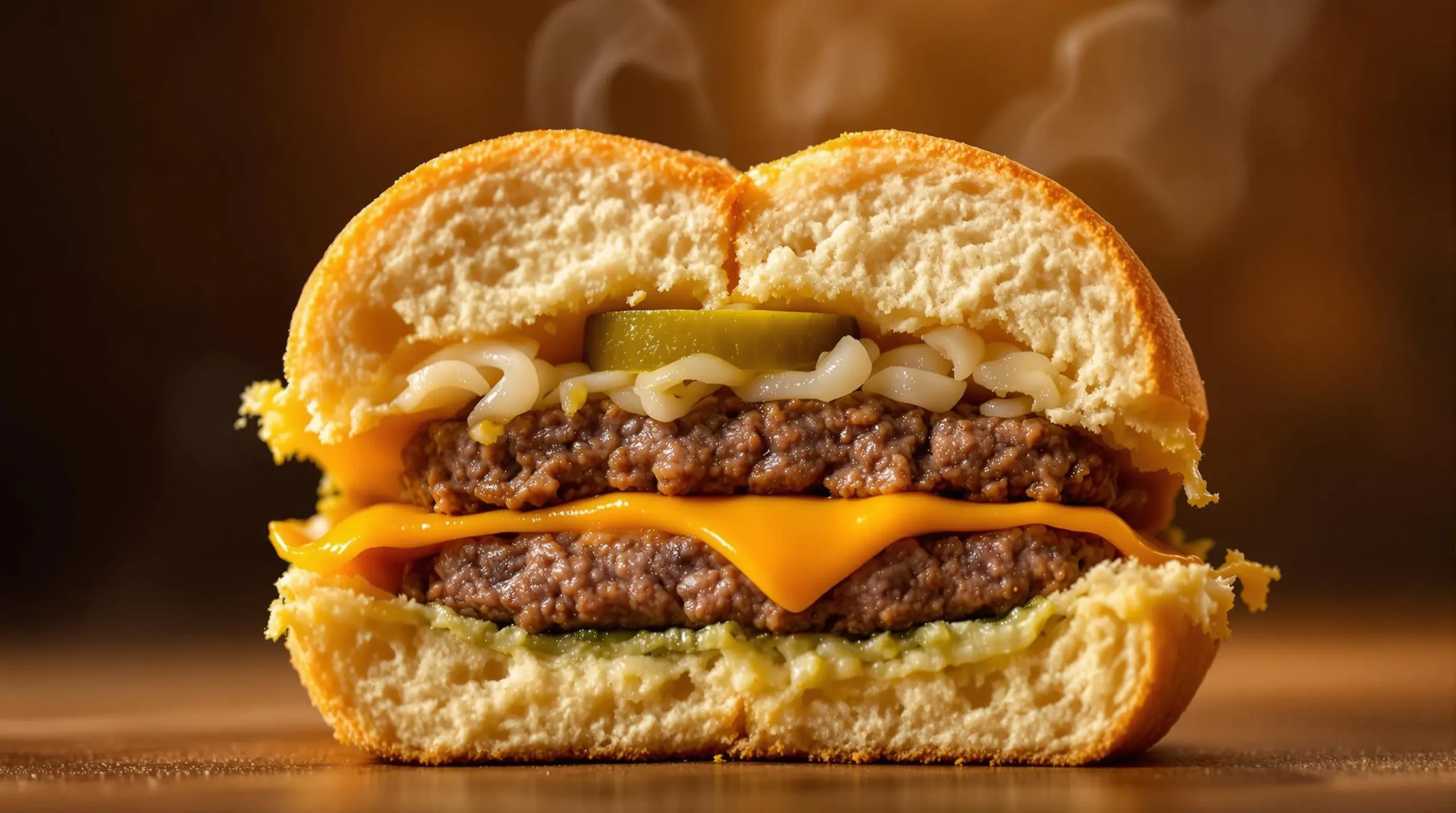 Close-up cross-section of White Castle slider revealing layers of steamed bun, thin beef patty with onions, melted cheese and pickle