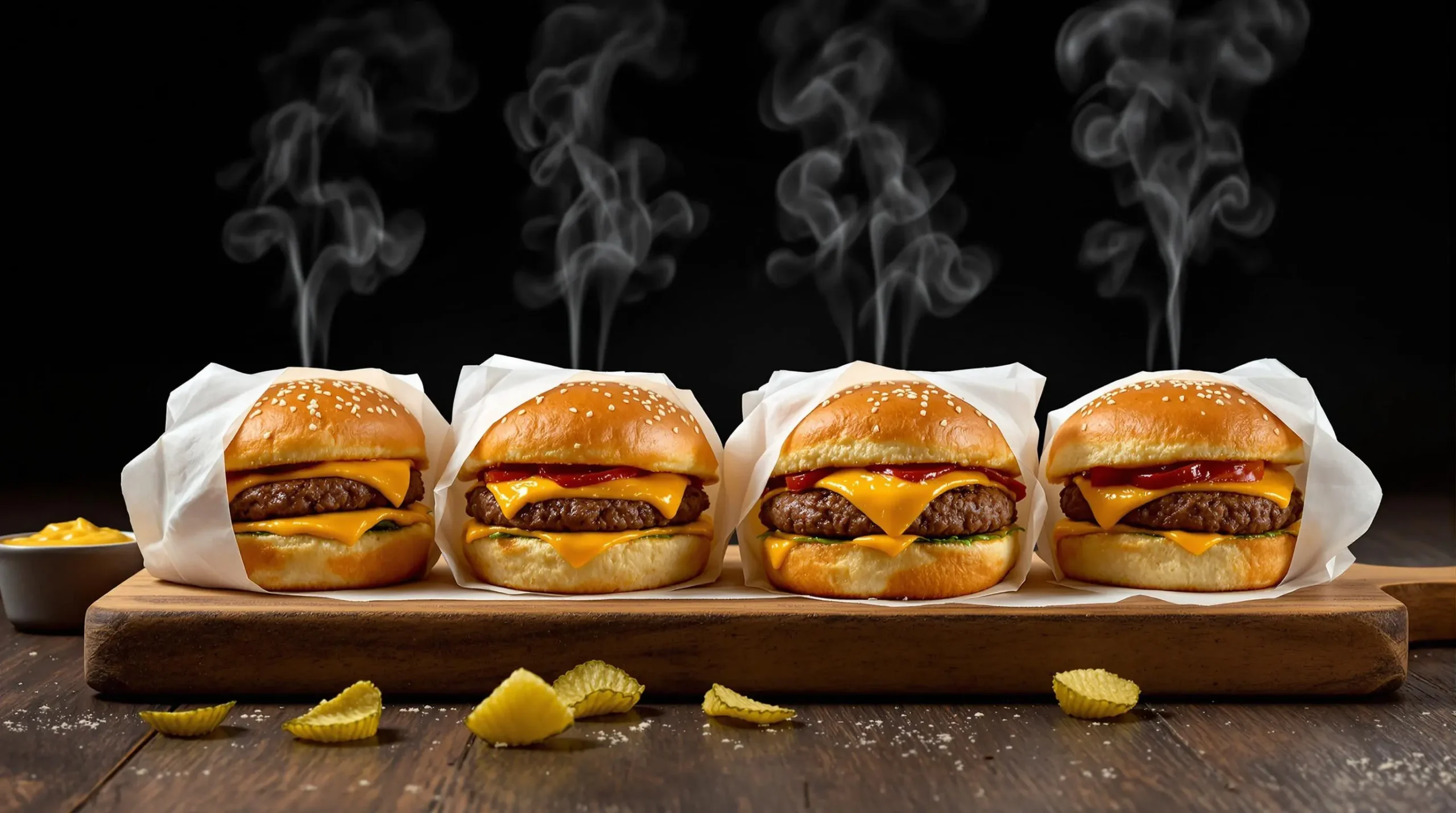 Six homemade White Castle sliders in parchment paper arranged on wooden board with pickles and mustard, steam rising dramatically