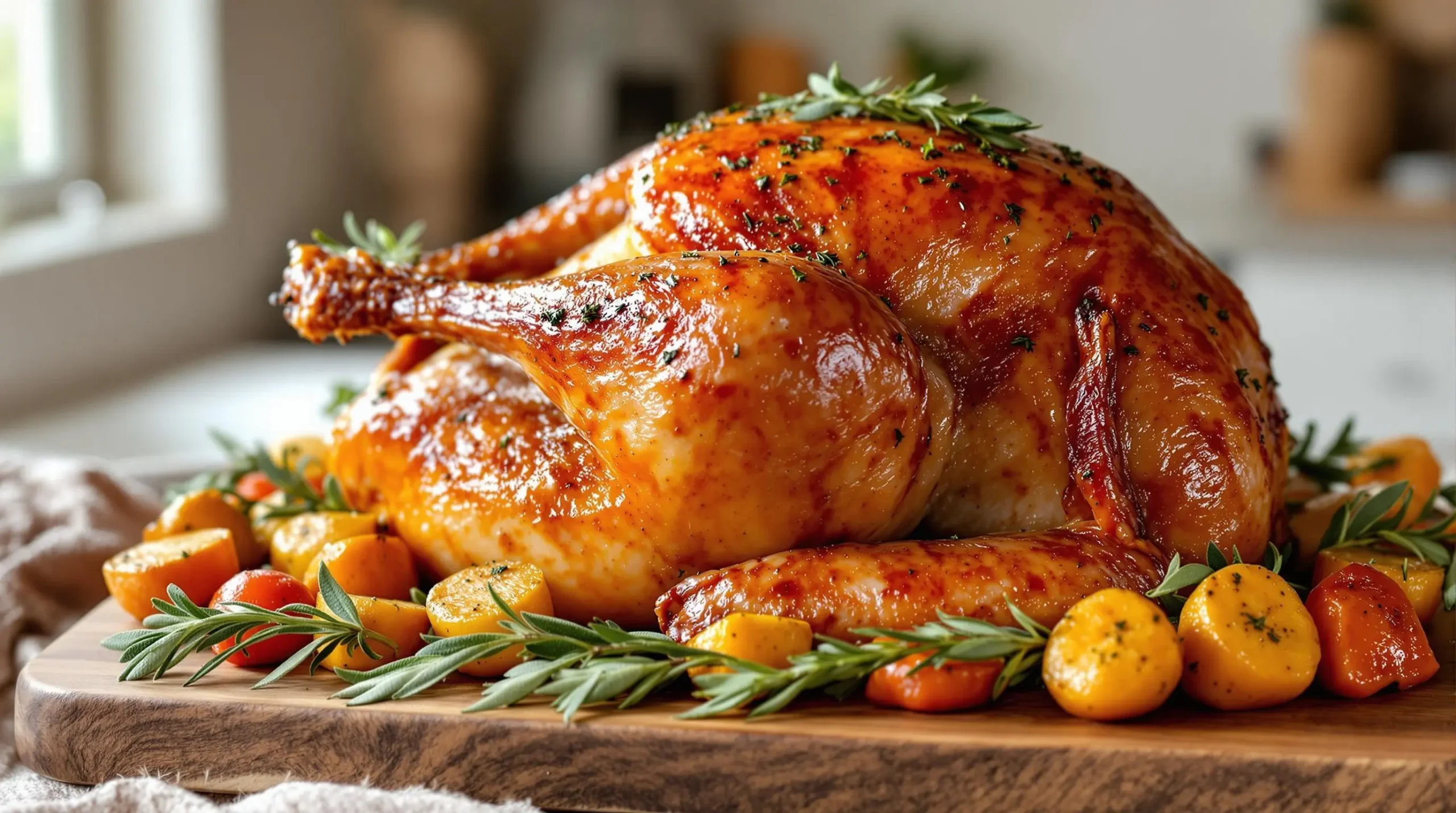 Golden-brown roasted wild turkey on wooden board with fresh herbs and root vegetables, showcasing crispy skin and rustic farmhouse presentation