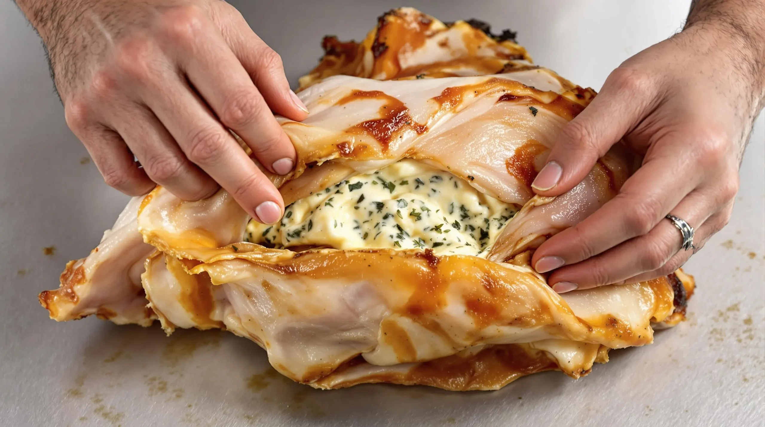 Hands gently working herb-infused compound butter under wild turkey skin, demonstrating proper preparation technique for juicy results