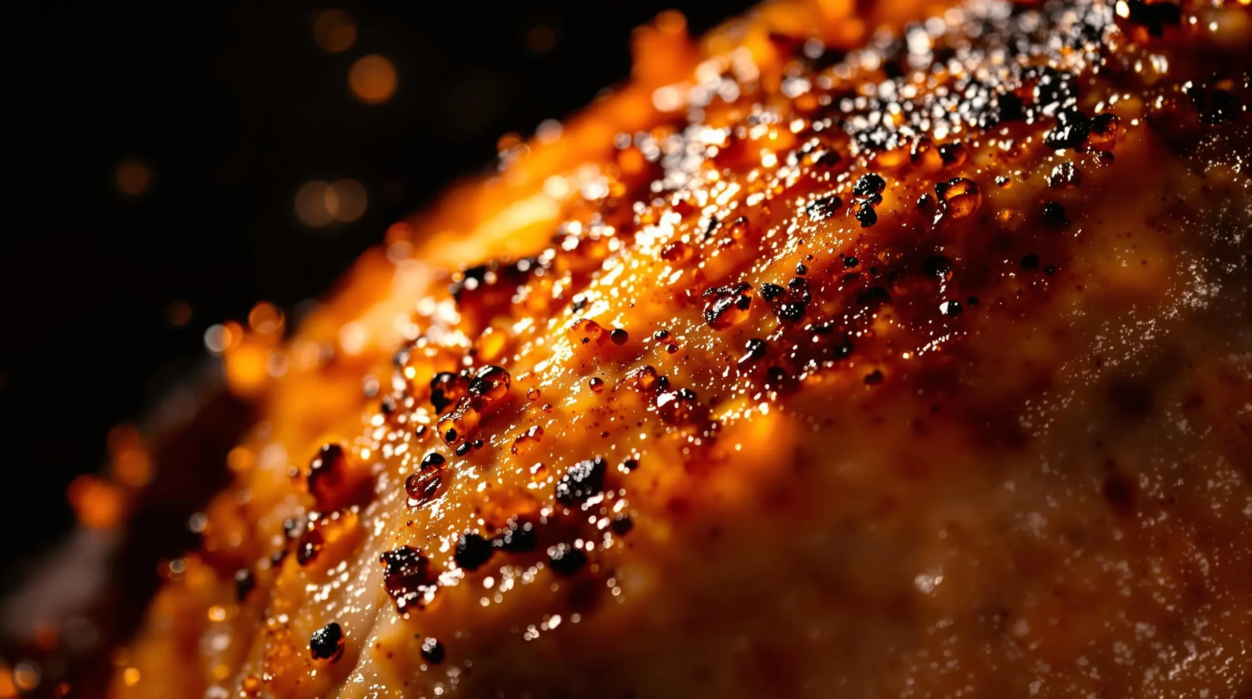 Extreme close-up of wild turkey skin caramelizing, capturing glistening moisture beads and rich golden-brown color development