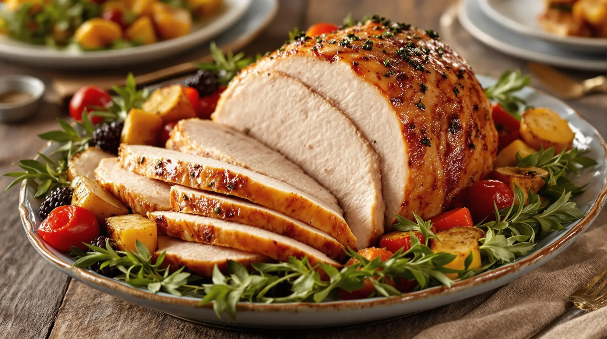 Artfully carved wild turkey slices arranged on blue-grey platter with herbs and roasted vegetables, displaying juicy meat texture