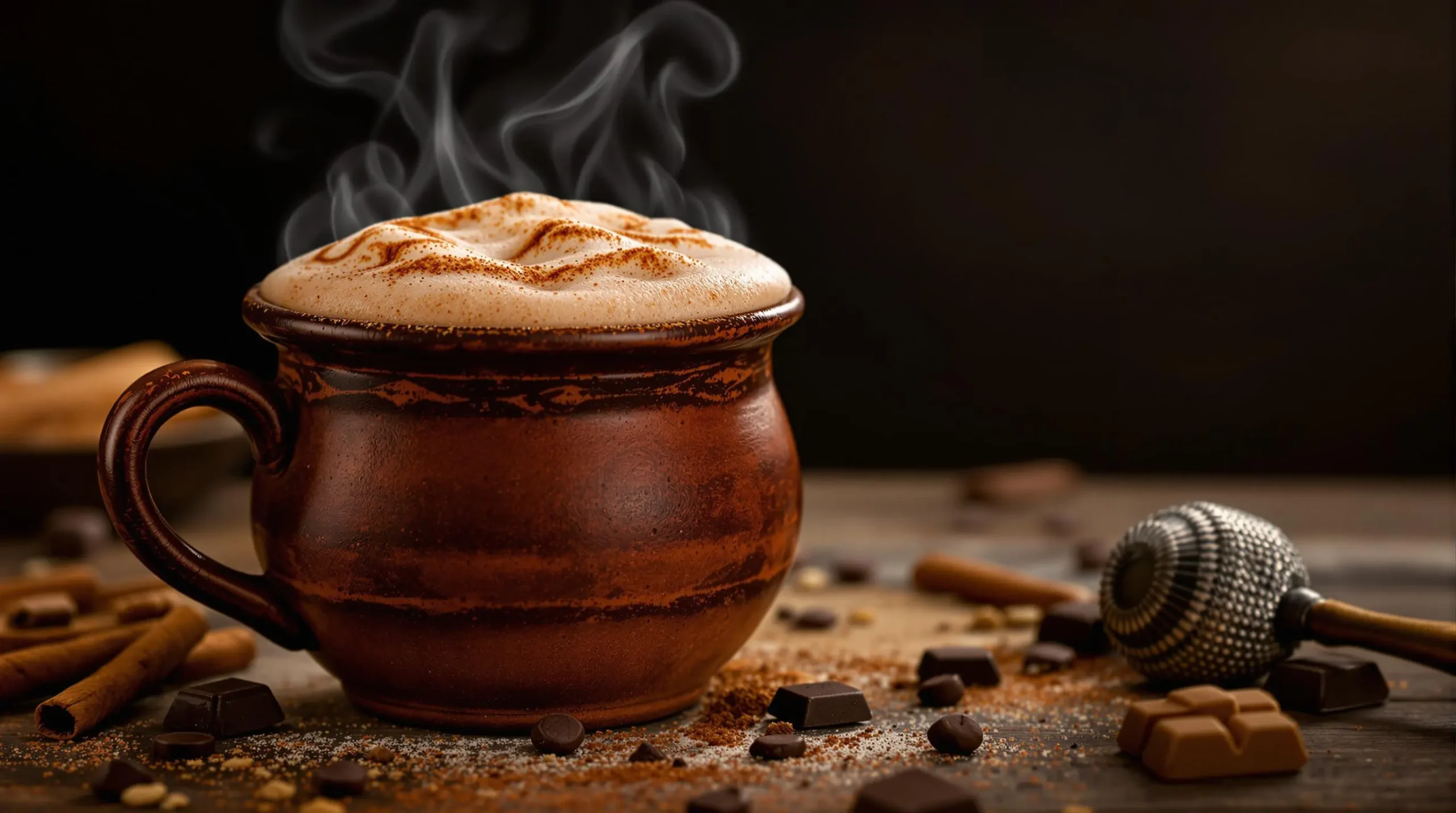 Steaming Mexican hot chocolate in clay mug with molinillo, chocolate tablets, and cinnamon sticks on rustic wooden table