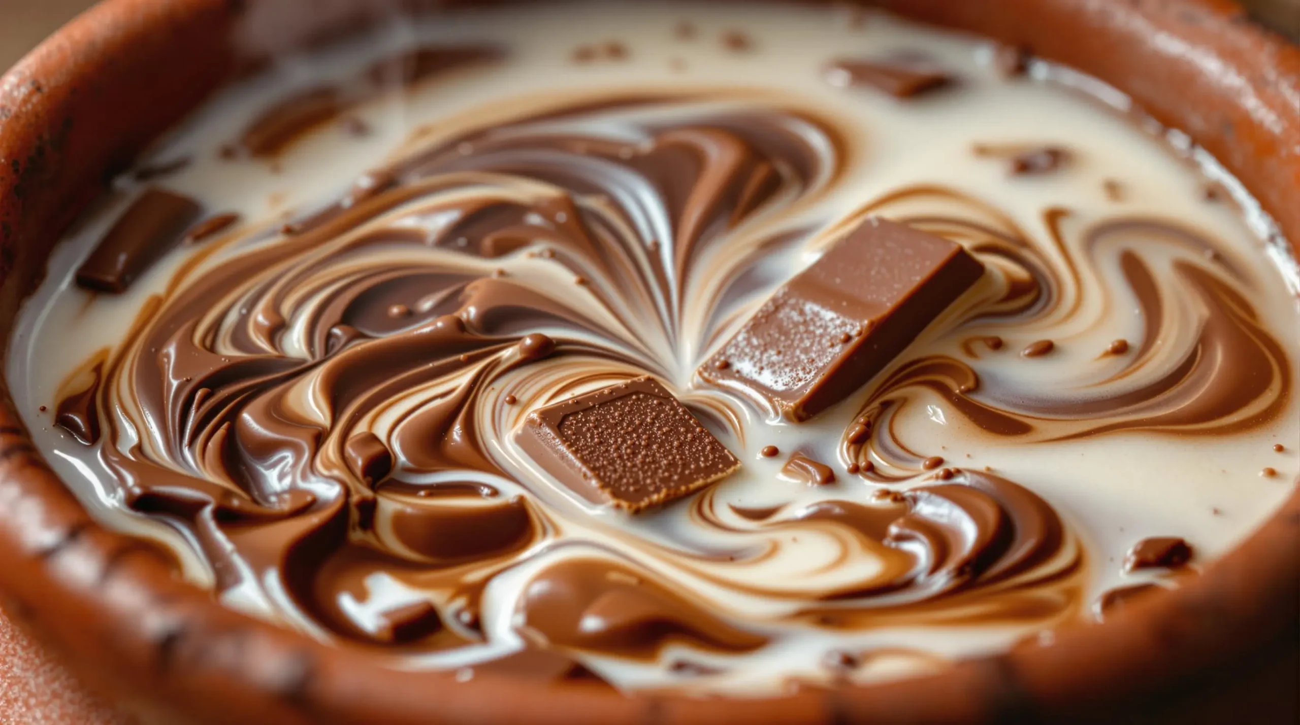 Mexican chocolate tablets melting into steaming milk in traditional clay pot, creating swirling patterns with rich brown tones