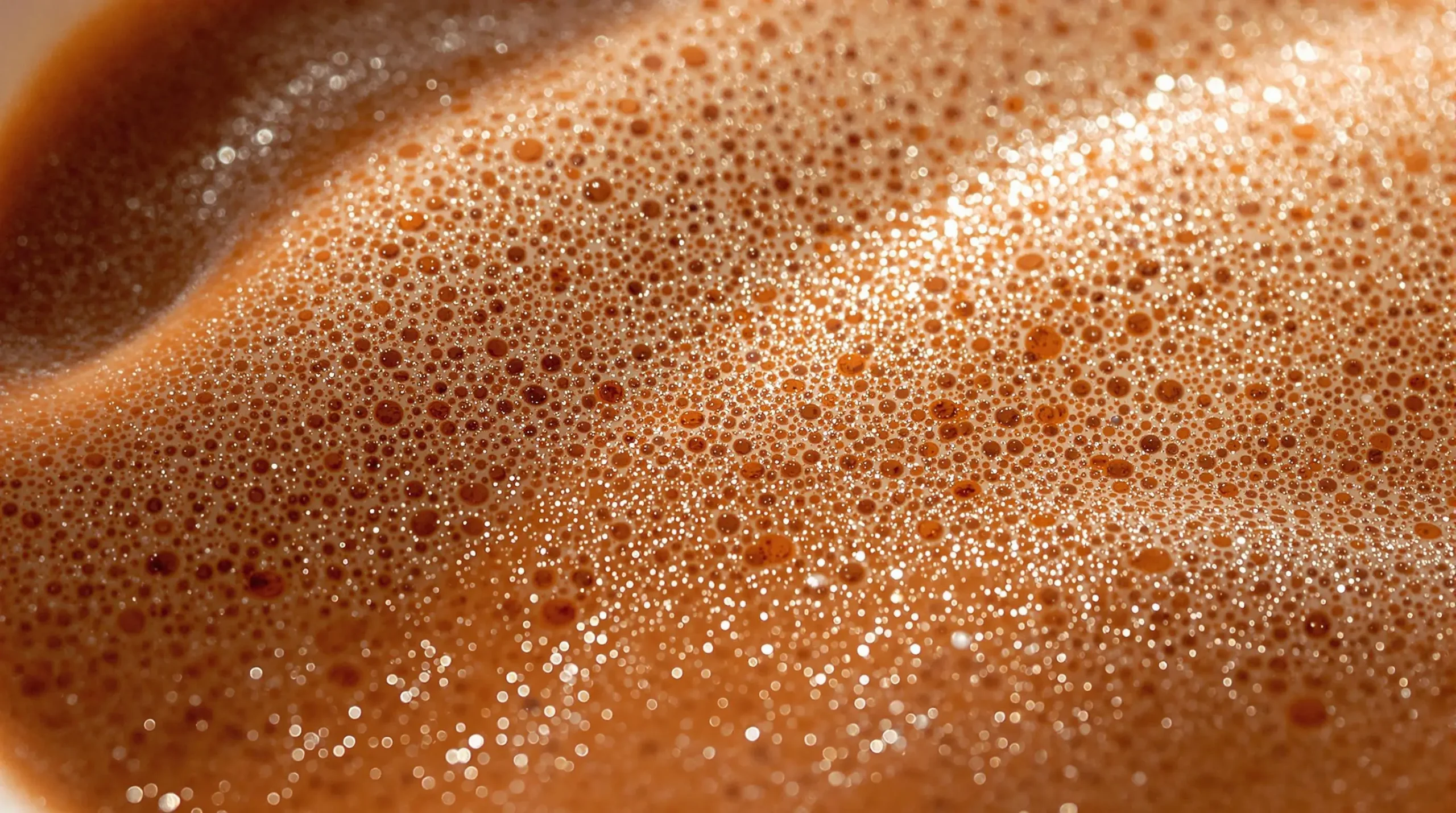 Close-up of frothy Mexican hot chocolate surface showing delicate bubble patterns and cinnamon specks in rich brown foam