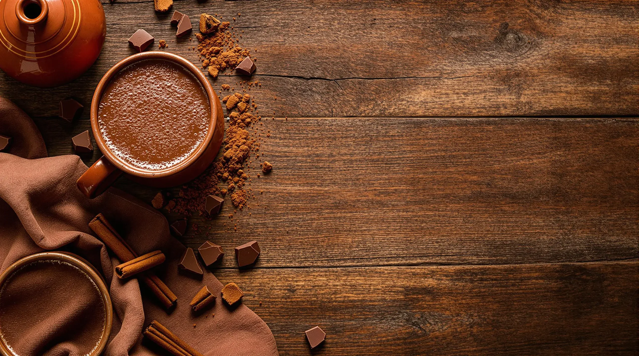 Overhead view of Mexican hot chocolate service with frothy drinks in clay mugs, molinillo, scattered cinnamon and chocolate tablets