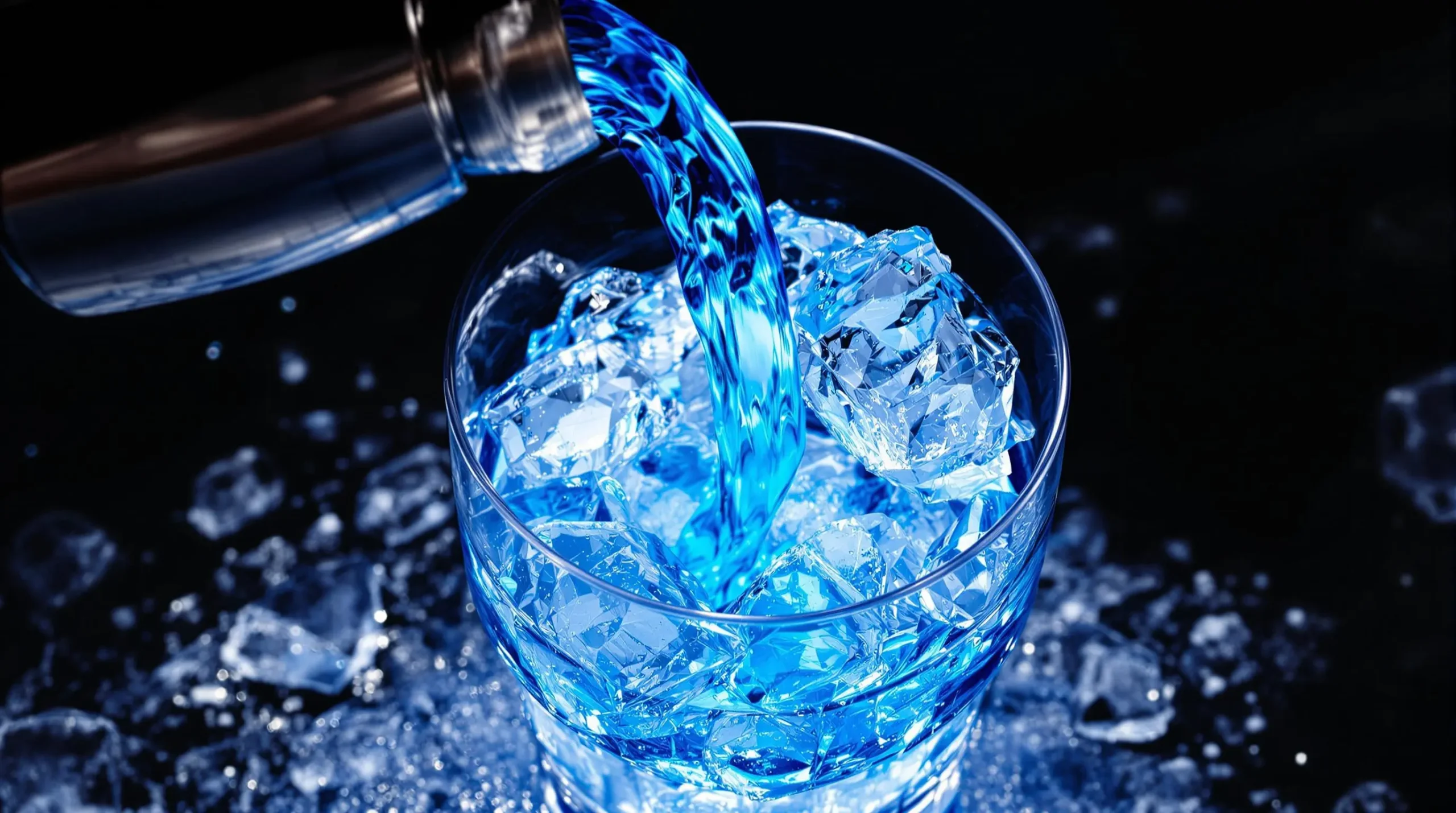 Pouring vibrant blue cocktail mixture from shaker into ice-filled Collins glass, capturing dynamic liquid motion