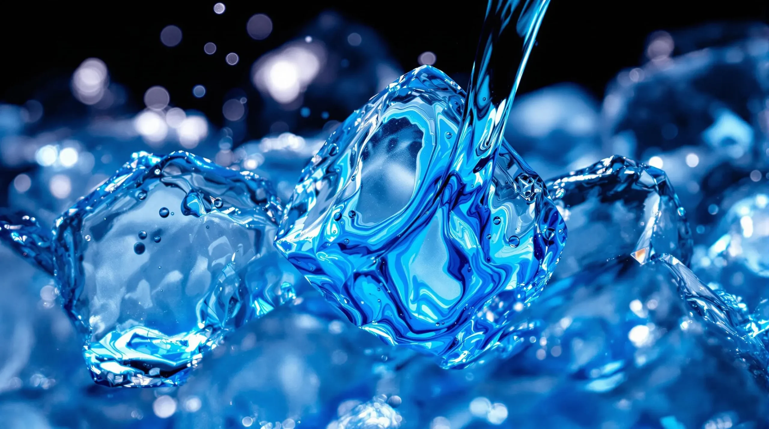 Macro view of electric blue cocktail liquid swirling around crystal clear ice cubes, showing color gradients and patterns