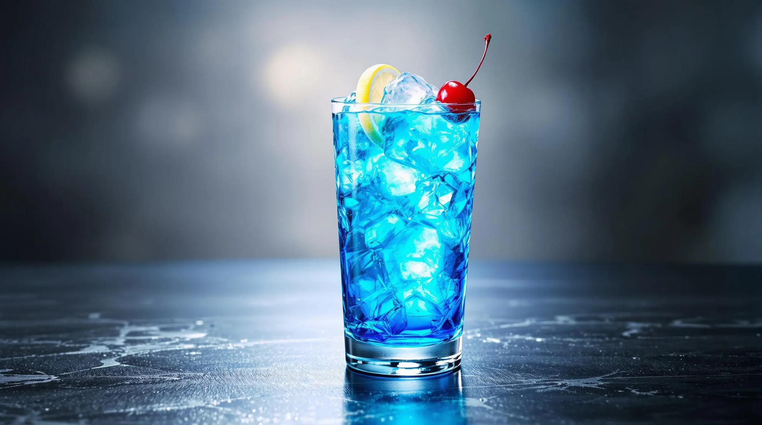 Completed Blue Long Island Iced Tea with crushed ice and garnishes, backlit to highlight luminous blue color in upscale setting