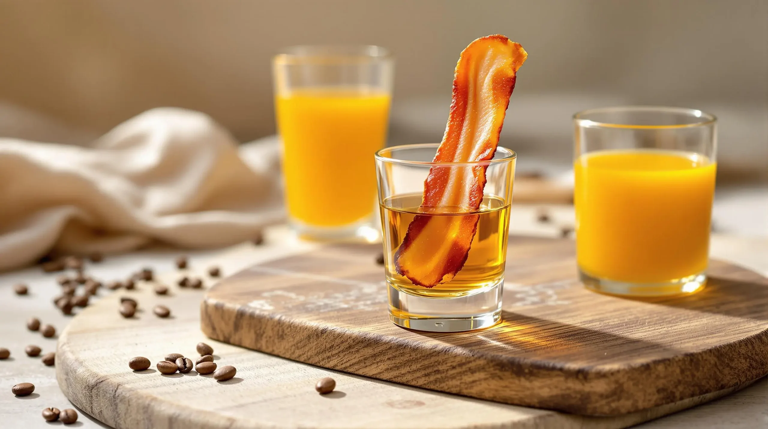 Breakfast shot with golden whiskey-butterscotch blend and crispy bacon strip alongside orange juice on rustic wooden board with scattered coffee beans