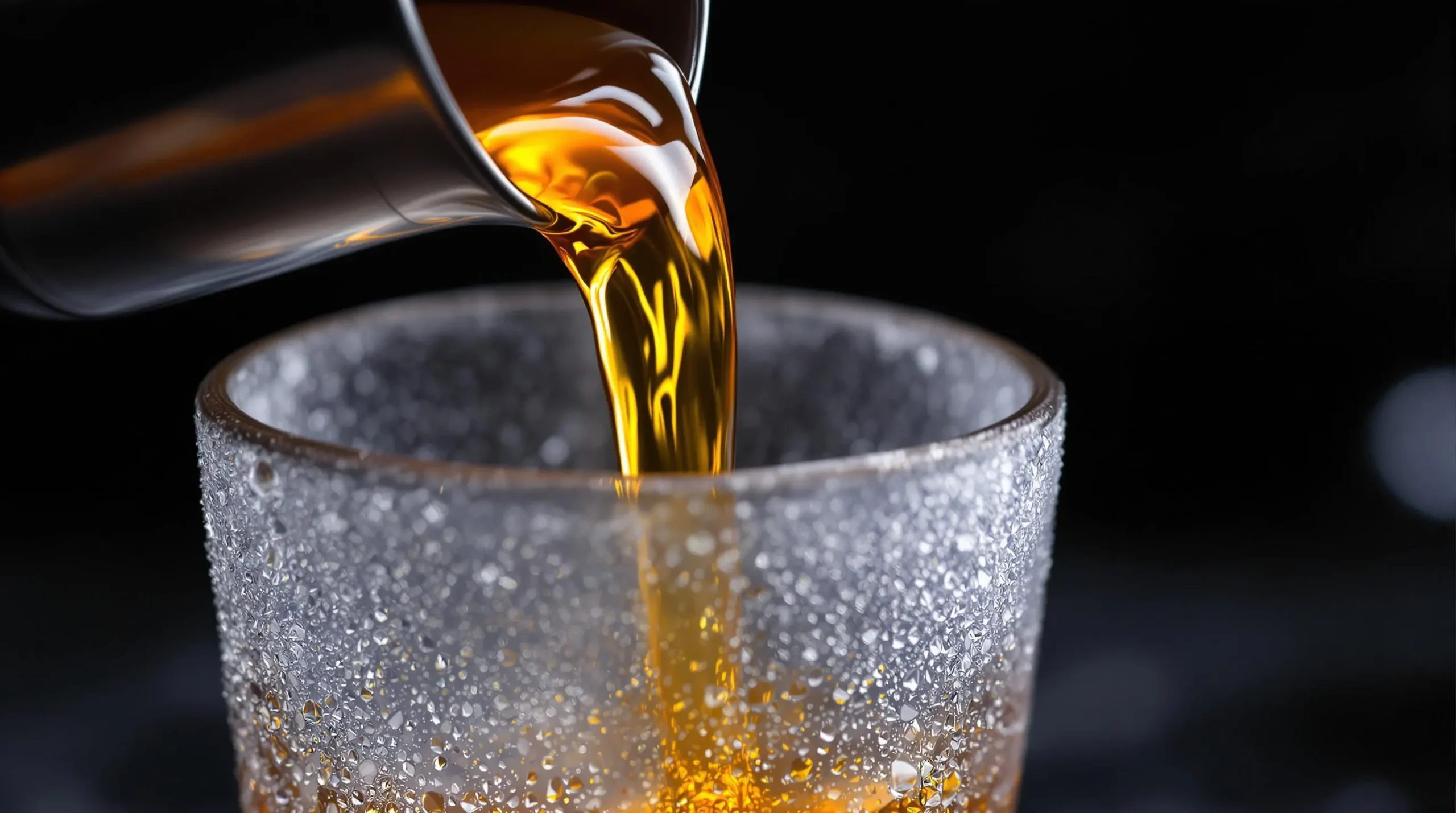 Golden whiskey-butterscotch mixture being strained from cocktail shaker into frost-rimmed shot glass with smooth liquid stream and amber gradients