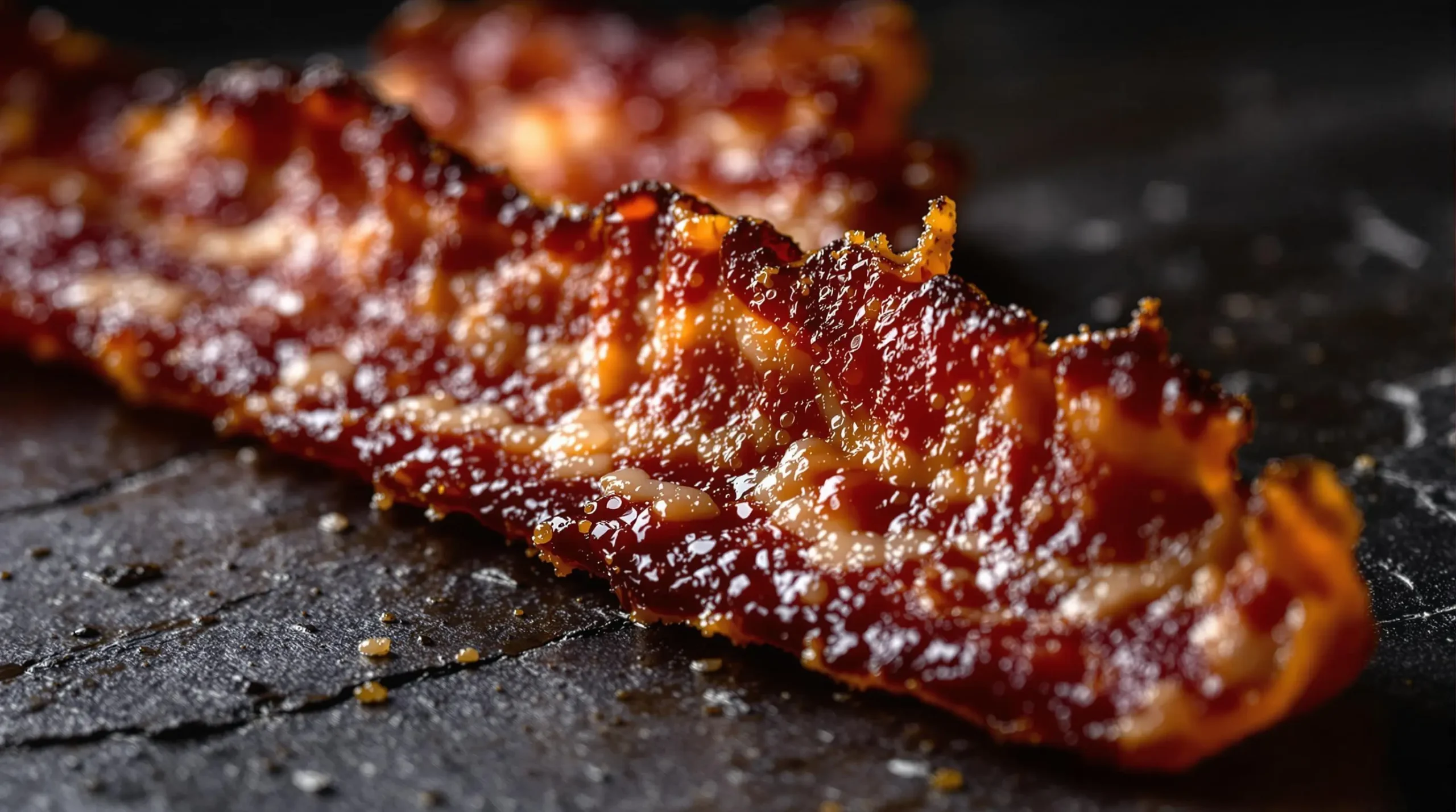 Extreme close-up of crispy bacon's caramelized surface showing marbled texture and color variations from mahogany to golden brown