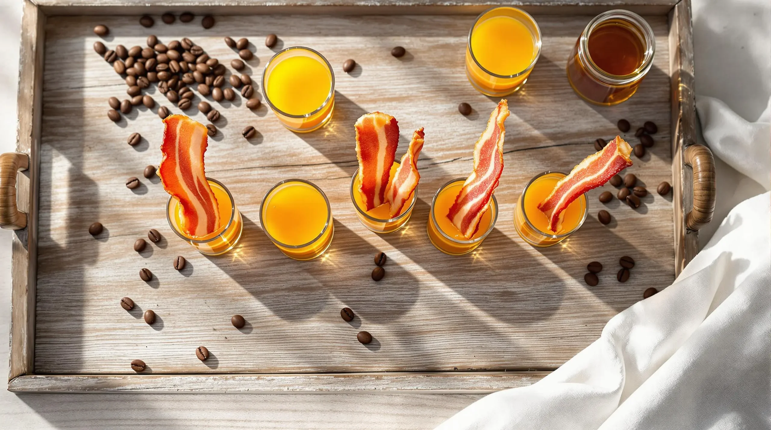 Overhead view of three breakfast shots with bacon strips and orange juice chasers arranged on wooden tray with maple syrup and coffee bean accents