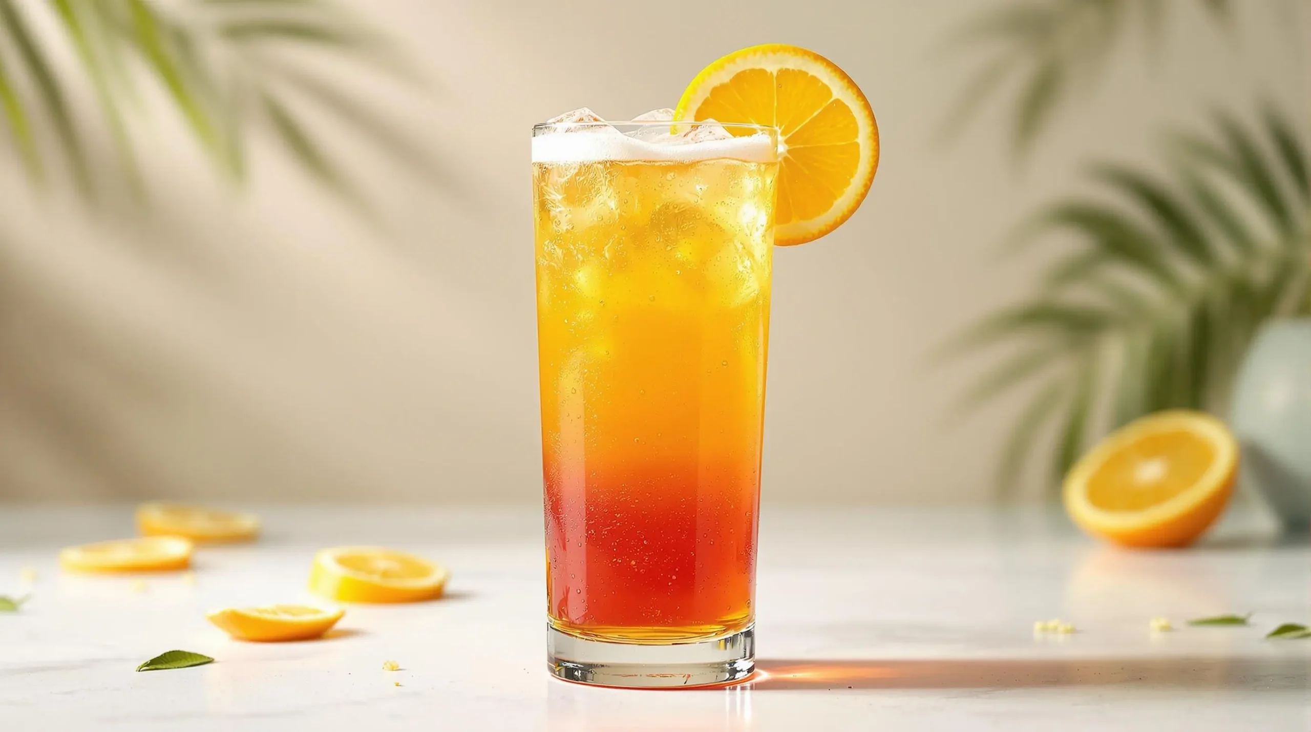 Layered Corona Sunrise cocktail in tall glass showing red to golden gradient with orange garnish, ice cubes, and condensation droplets