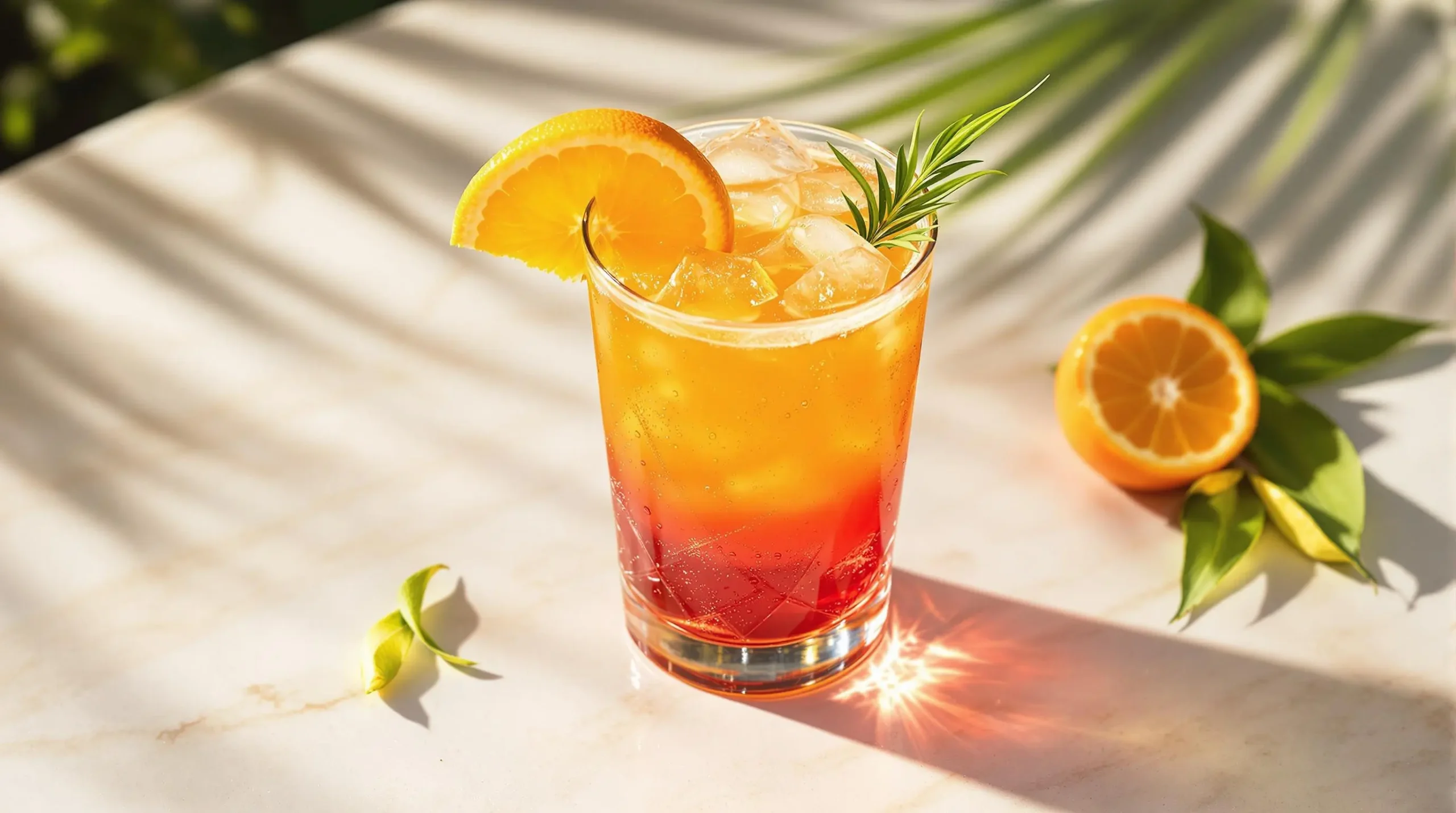 Overhead view of Corona Sunrise cocktail on marble surface showing perfect red-orange-gold layers with fresh citrus garnish and tropical leaves