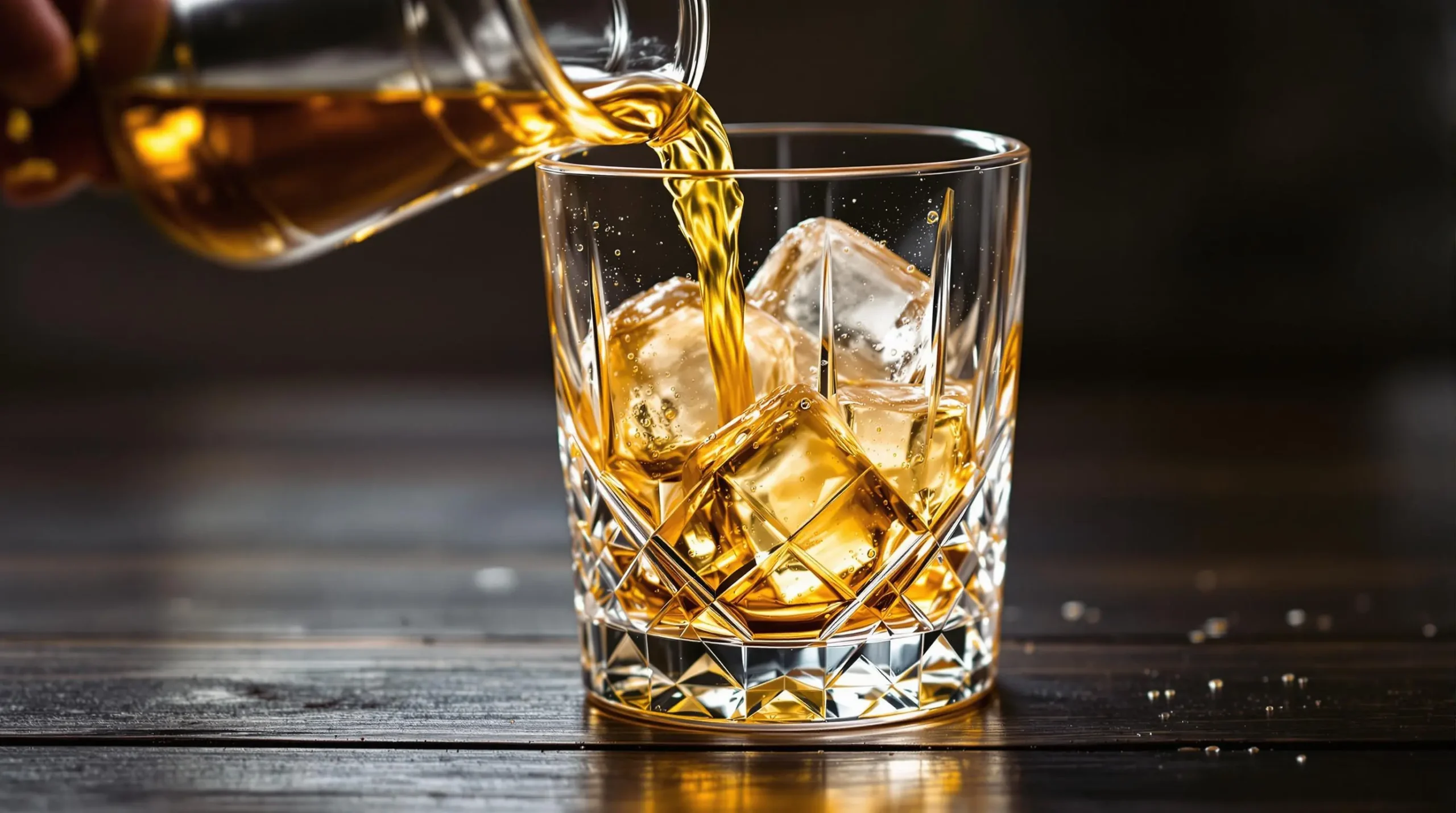 Golden-peachy cocktail being poured from mixing glass to rocks glass, capturing liquid stream and ice refraction