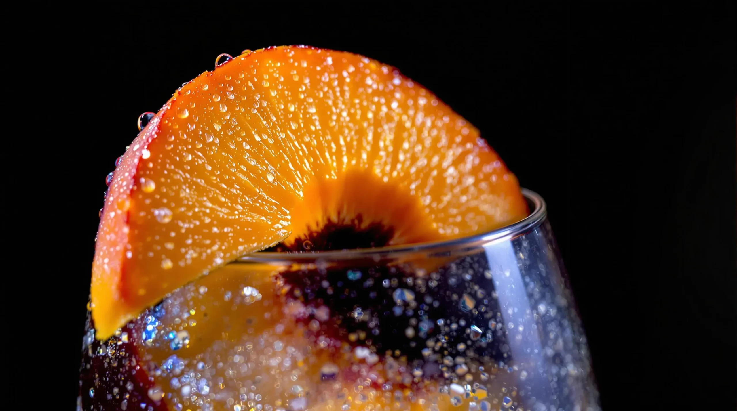 Fresh peach slice garnish on cocktail rim with water droplets, showcasing delicate flesh texture and gradient colors