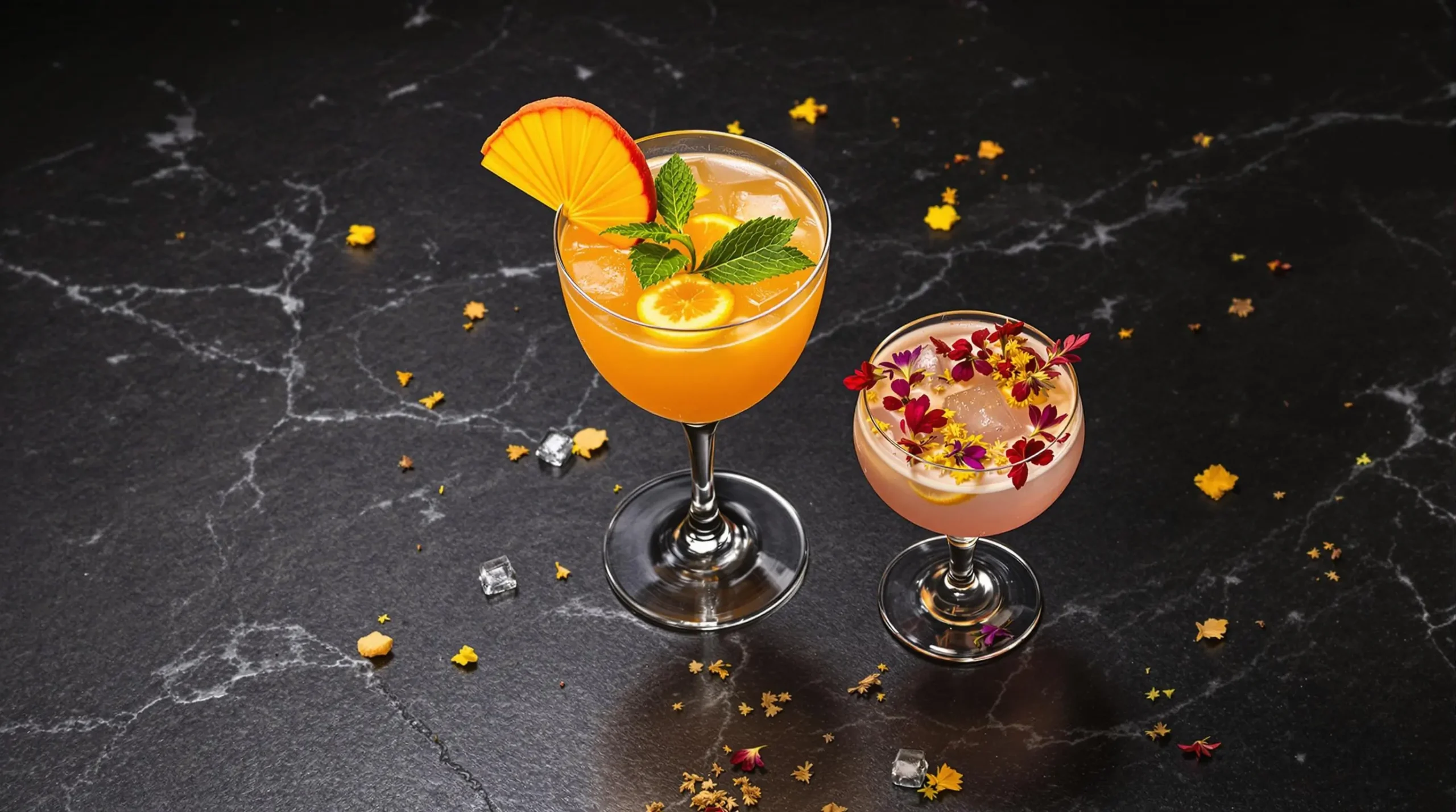 Three elegant Crown Royal Peach cocktails arranged in triangle with varied garnishes on dark stone surface